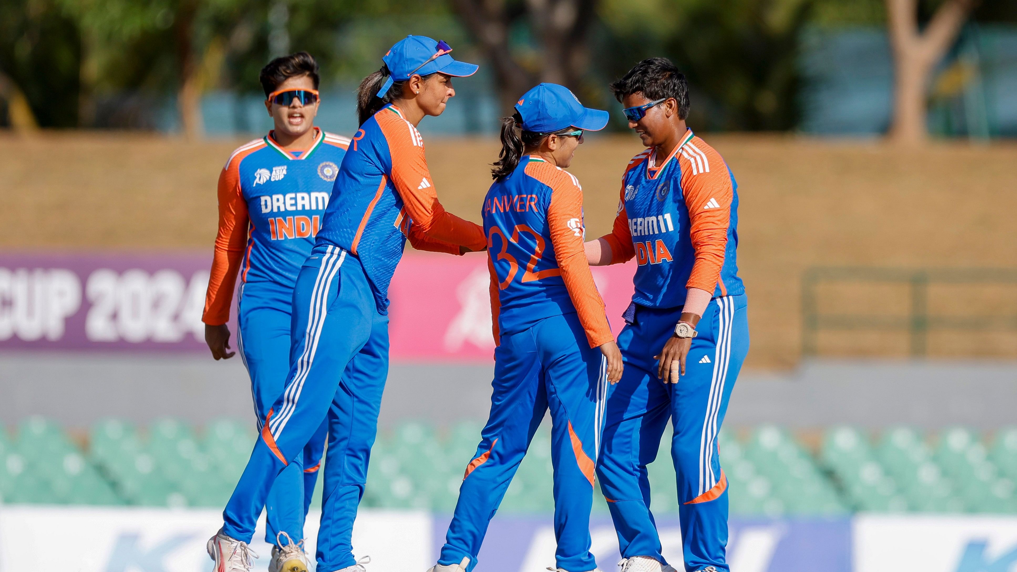 <div class="paragraphs"><p>Dambulla: Deepti Sharma of India celebrates with teammates the wicket of  Samaira Dharnidharka of United Arab Emirates during the ACC Women's T20 Asia Cup 2024 match between India and UAE, at the Rangiri Dambulla International Cricket Stadium in Dambulla, Sri Lanka, Sunday, July 21, 2024. </p></div>