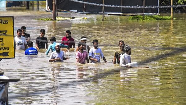 <div class="paragraphs"><p>People make way through a flooded road following rains, in Pilibhit, Uttar Pradesh on Tuesday, July 9, 2024.</p></div>