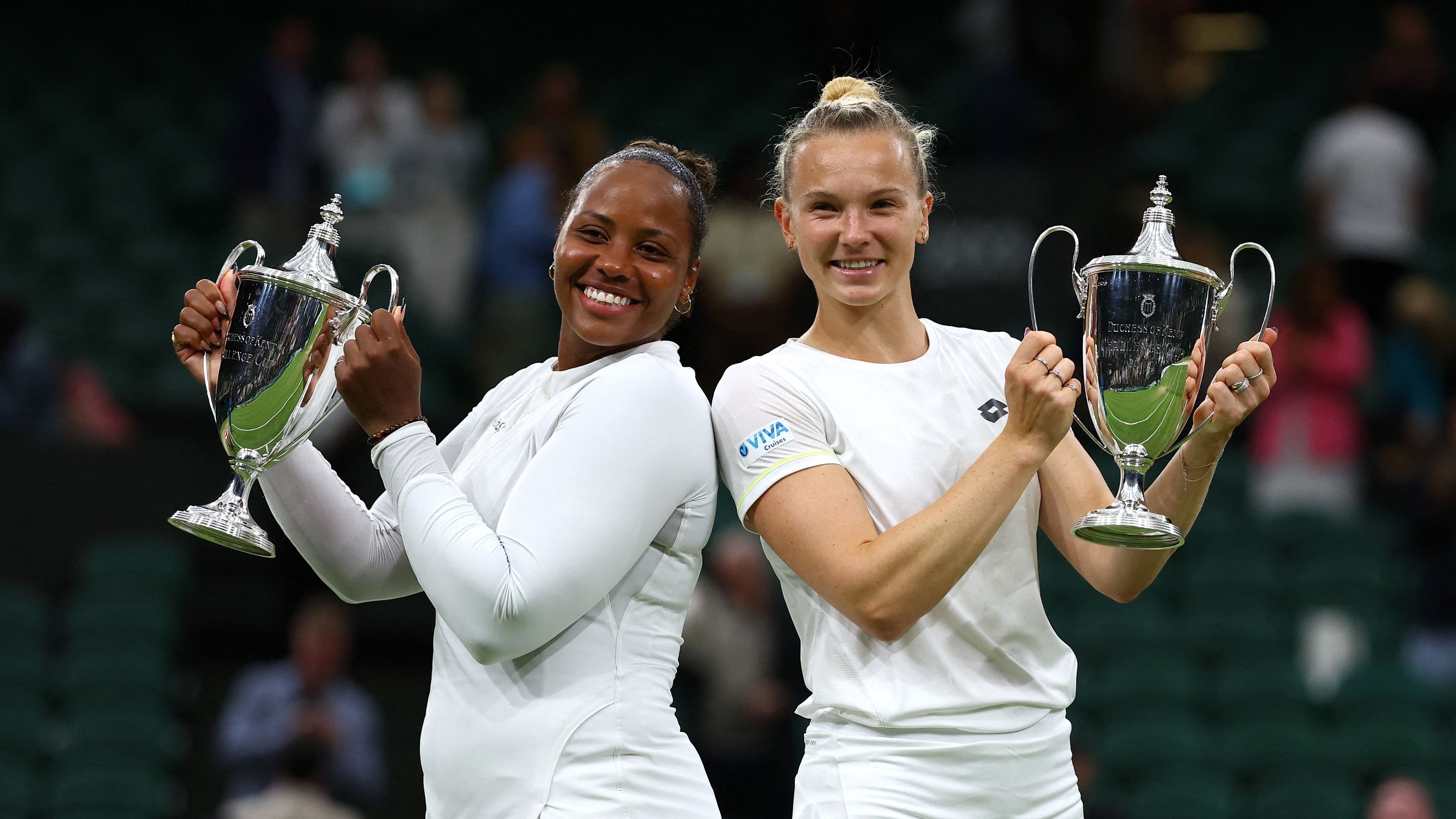 <div class="paragraphs"><p>Taylor Townsend of the US and Czech Republic's Katerina Siniakova celebrate with their trophies after winning the women's doubles final against Canada's Gabriela Dabrowski and New Zealand's Erin Routliffe.</p></div>