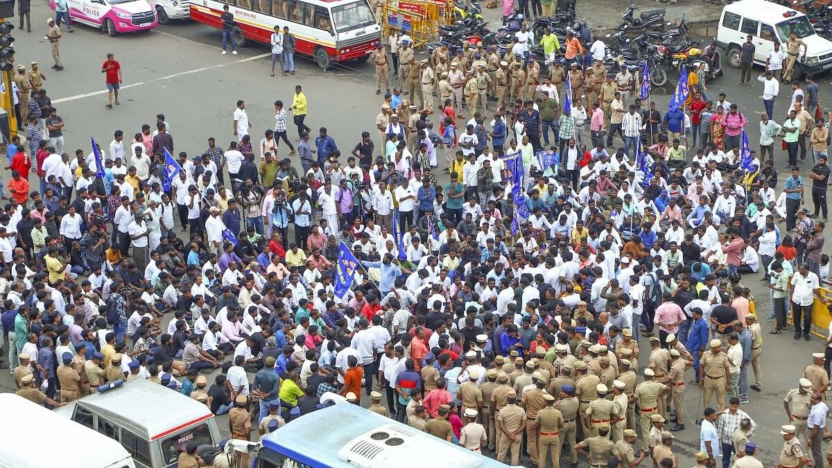 <div class="paragraphs"><p>Bahujan Samaj Party (BSP) supporters gather outside the Rajiv Gandhi Government Hospital in protest after Tamil Nadu BSP President K. Armstrong was hacked to death by a six-member gang, in Chennai, Saturday, July 6, 2024.</p></div>