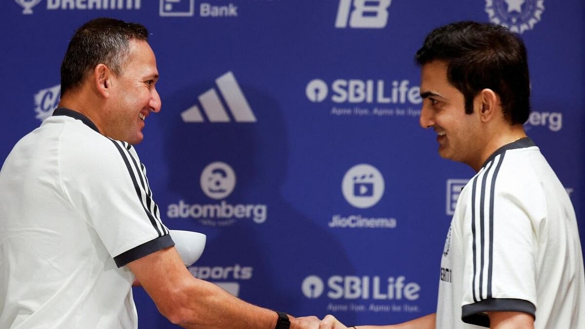 <div class="paragraphs"><p>Newly appointed Indian cricket team head coach Gautam Gambhir and Chairman of the BCCI selection committee, Ajit Agarkar greet each other before a pre-departure press conference ahead of the upcoming tour of Sri Lanka, in Mumbai, India, July 22, 2024.</p></div>