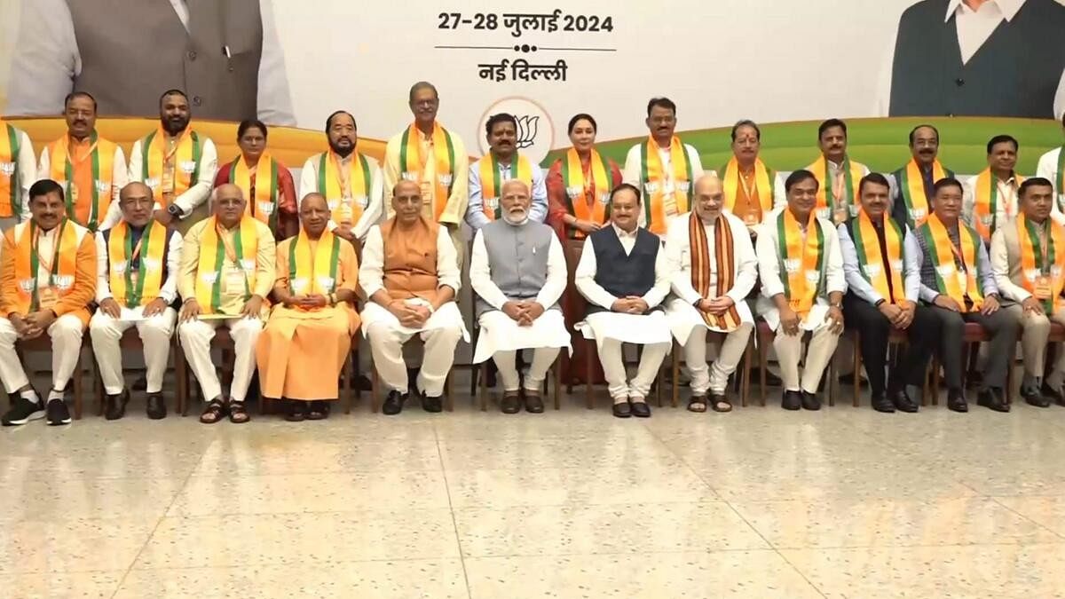 <div class="paragraphs"><p>PM Modi seen here at the meeting with BJP CMs. Manipur CM N Biren Singh is second from the left in the bottom row, in this image.</p></div>