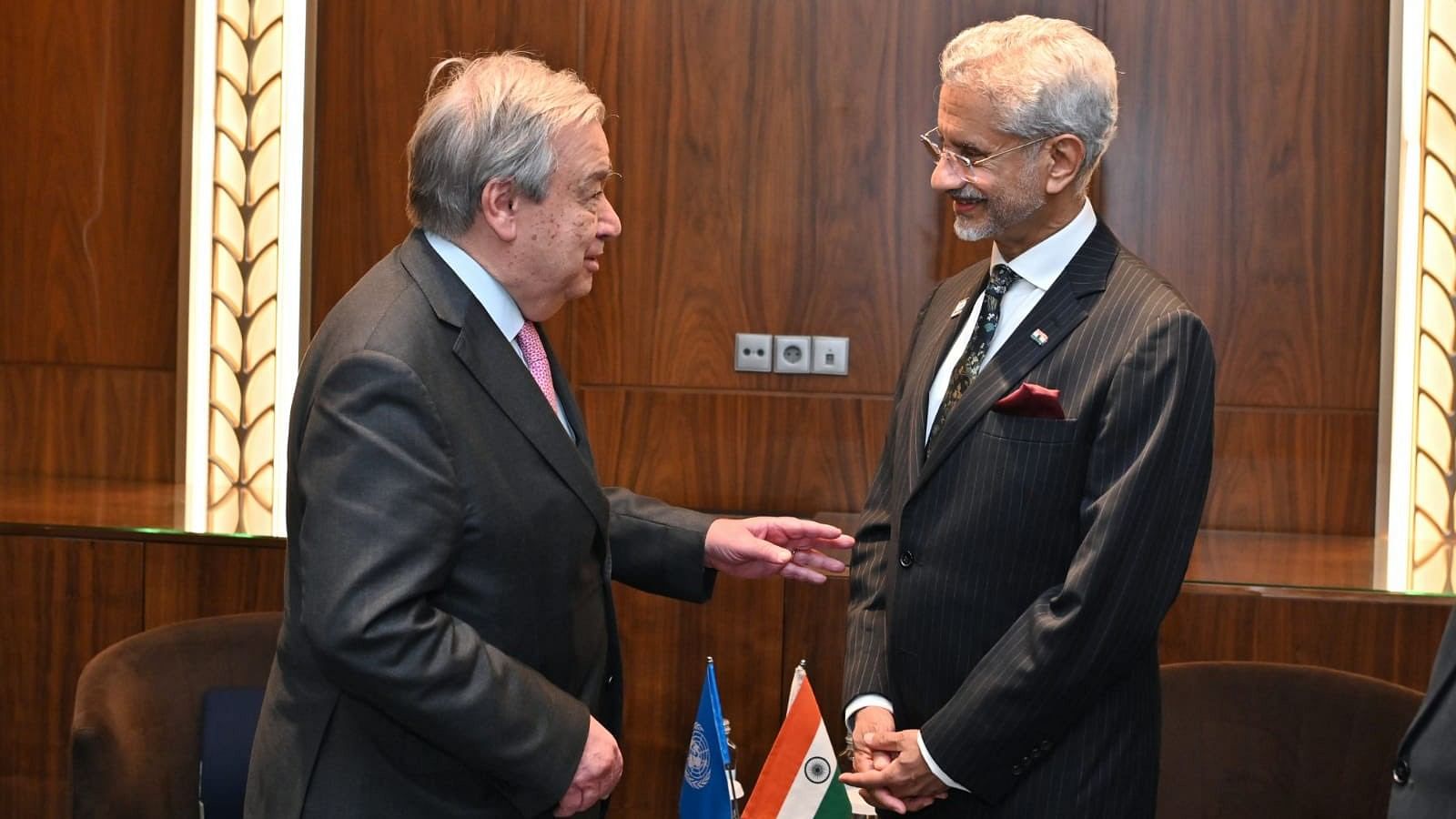 <div class="paragraphs"><p>External Affairs Minister S Jaishankar during his meeting with UN chief Antonio Guterres in Kazakhstan.</p></div>