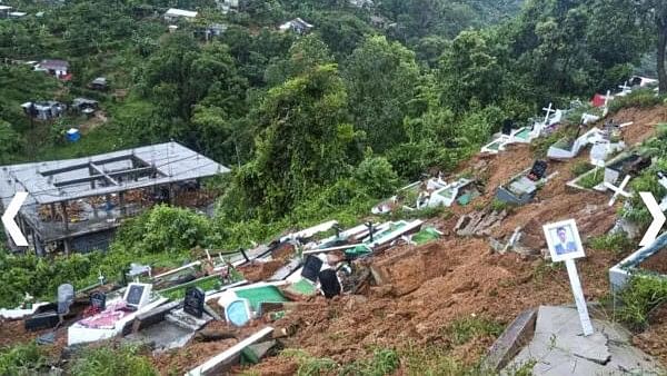 <div class="paragraphs"><p>Buildings being swept away in a landslide, amid heavy rain  in Aizawl district.</p></div>