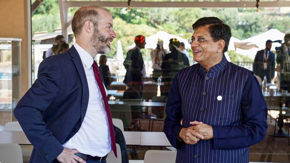 <div class="paragraphs"><p>Union Minister of Commerce and Industry Piyush Goyal (R) meets UK Secretary of State for Business and Trade Jonathan Reynolds, on the sidelines of the G7 Trade Ministers' Meeting, in Villa San Giovanni, Italy.</p></div>