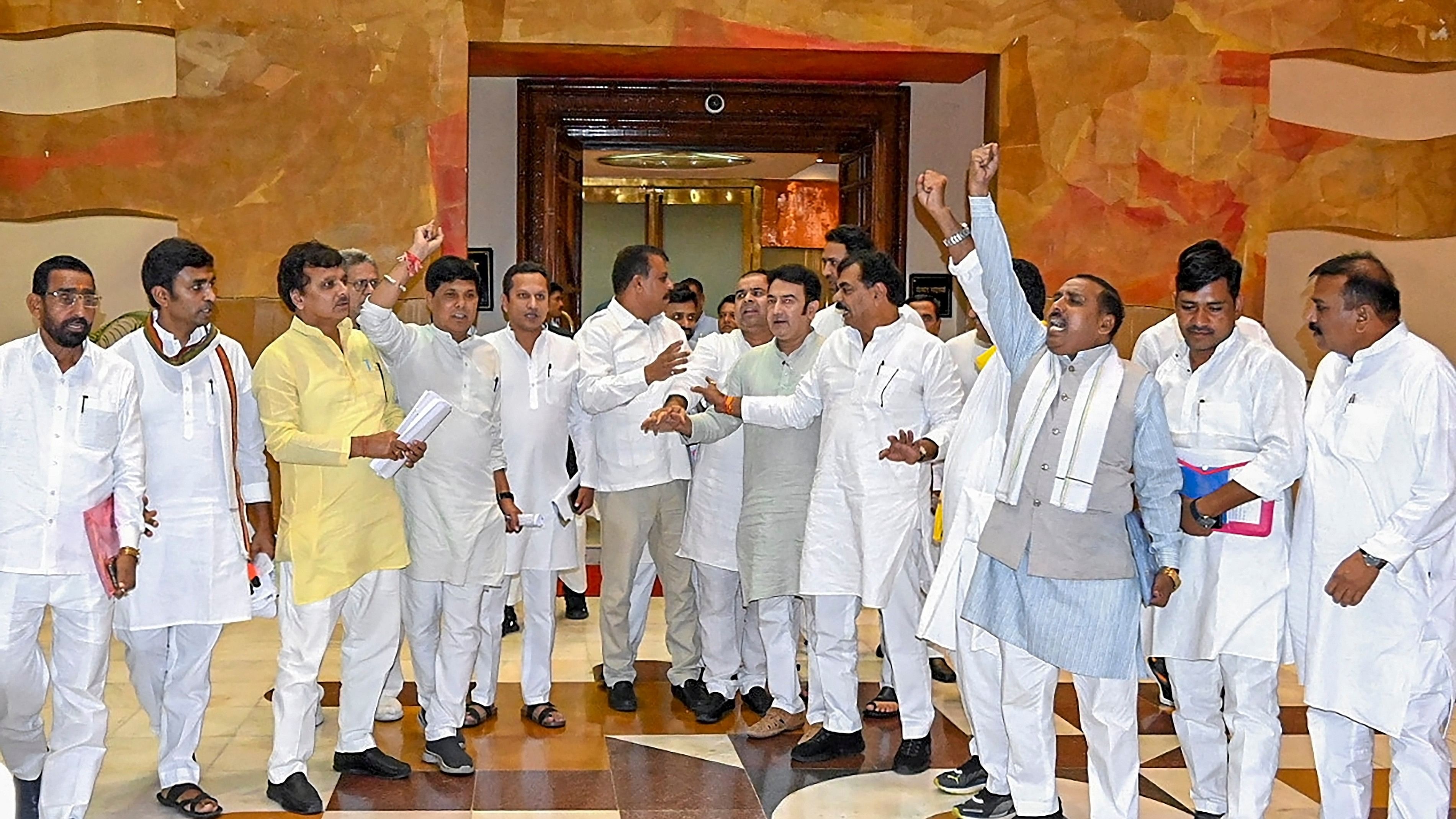 <div class="paragraphs"><p>Congress MLAs walk out of the House in protest  after they were not given a chance to raise their issue over the alleged nursing scam in the house during the Monsoon session of Madhya Pradesh State Assembly, in Bhopal, Tuesday. July 2, 2024.</p></div>