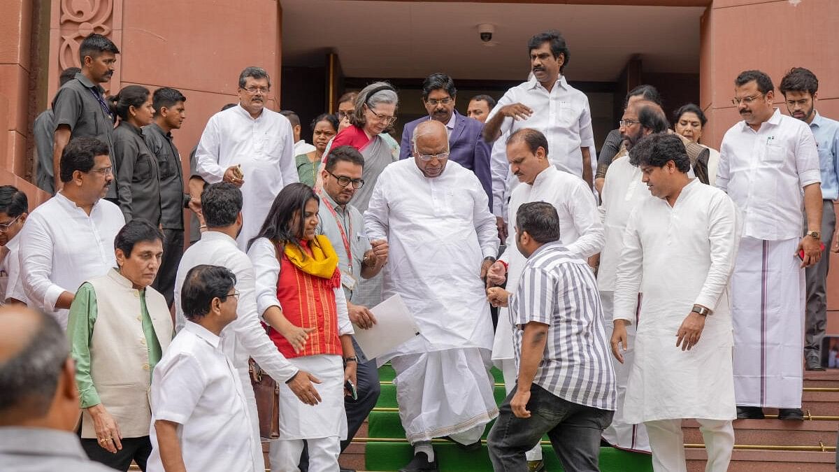 <div class="paragraphs"><p>Leader of Opposition in Rajya Sabha Mallikarjun Kharge with other MPs stages a walkout from the House during ongoing Parliament session. (Representative image)</p></div>