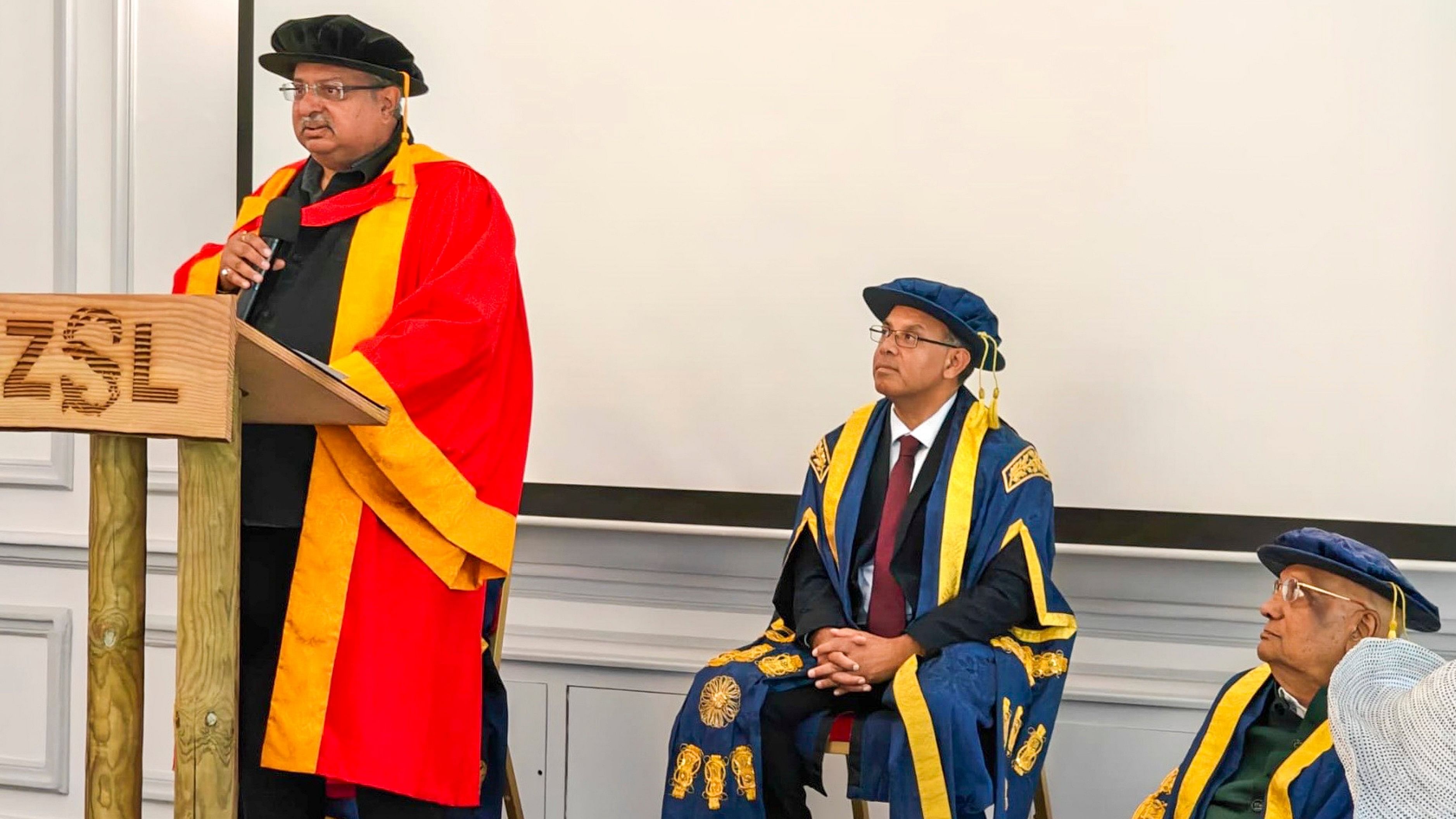 <div class="paragraphs"><p>Akash Paul, Chairman Caparo India &amp; Director Caparo Group Limited speaks while receiving an honorary doctorate from his father, University of Wolverhampton Chancellor Lord Swraj Paul, and Vice-Chancellor Ebrahim Adia, in London, Sunday, July 7, 2024. </p></div>