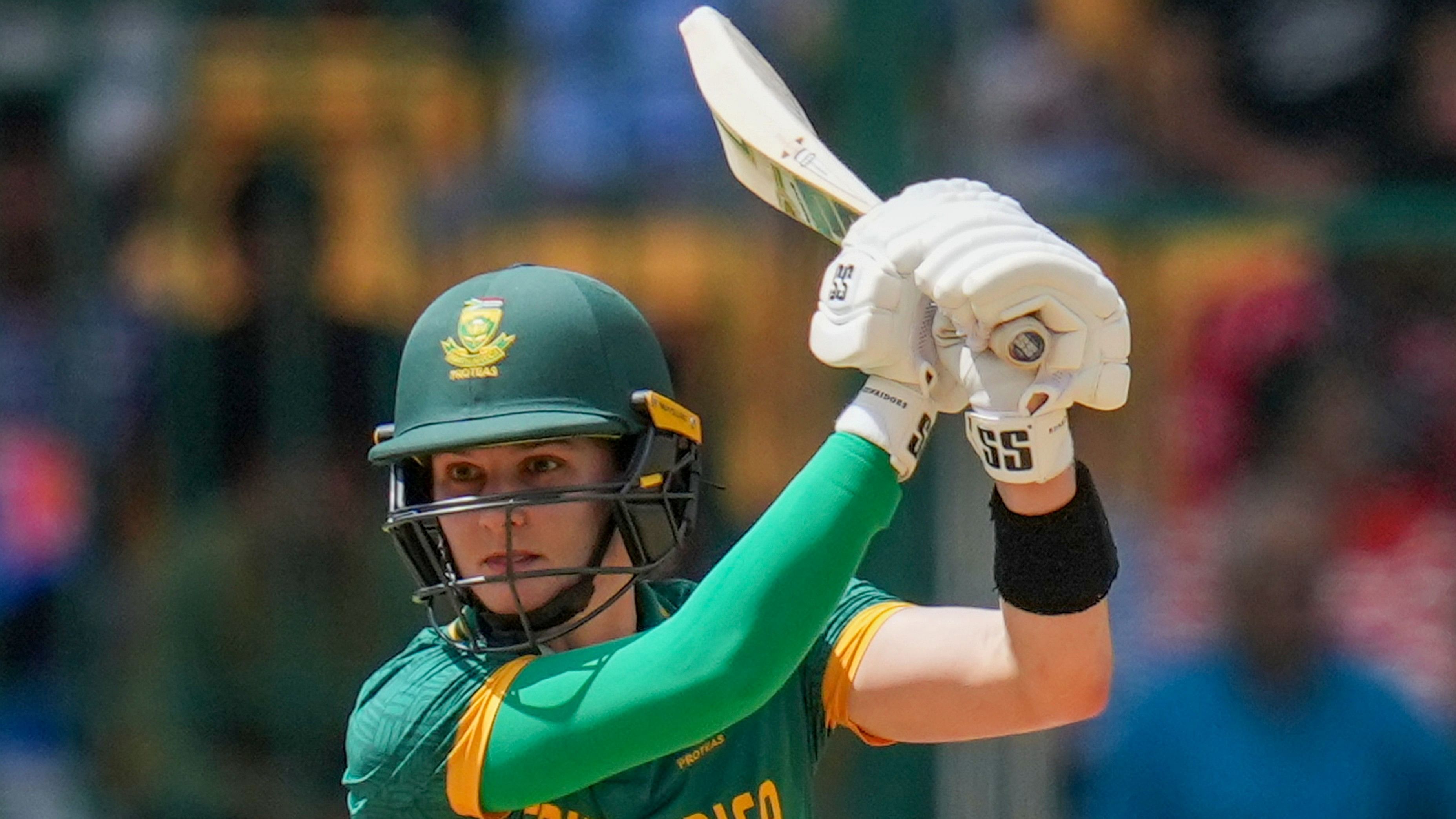 <div class="paragraphs"><p>South Africa batter Laura Wolvaardt plays a shot during the third women's ODI cricket match between India and South Africa.</p></div>