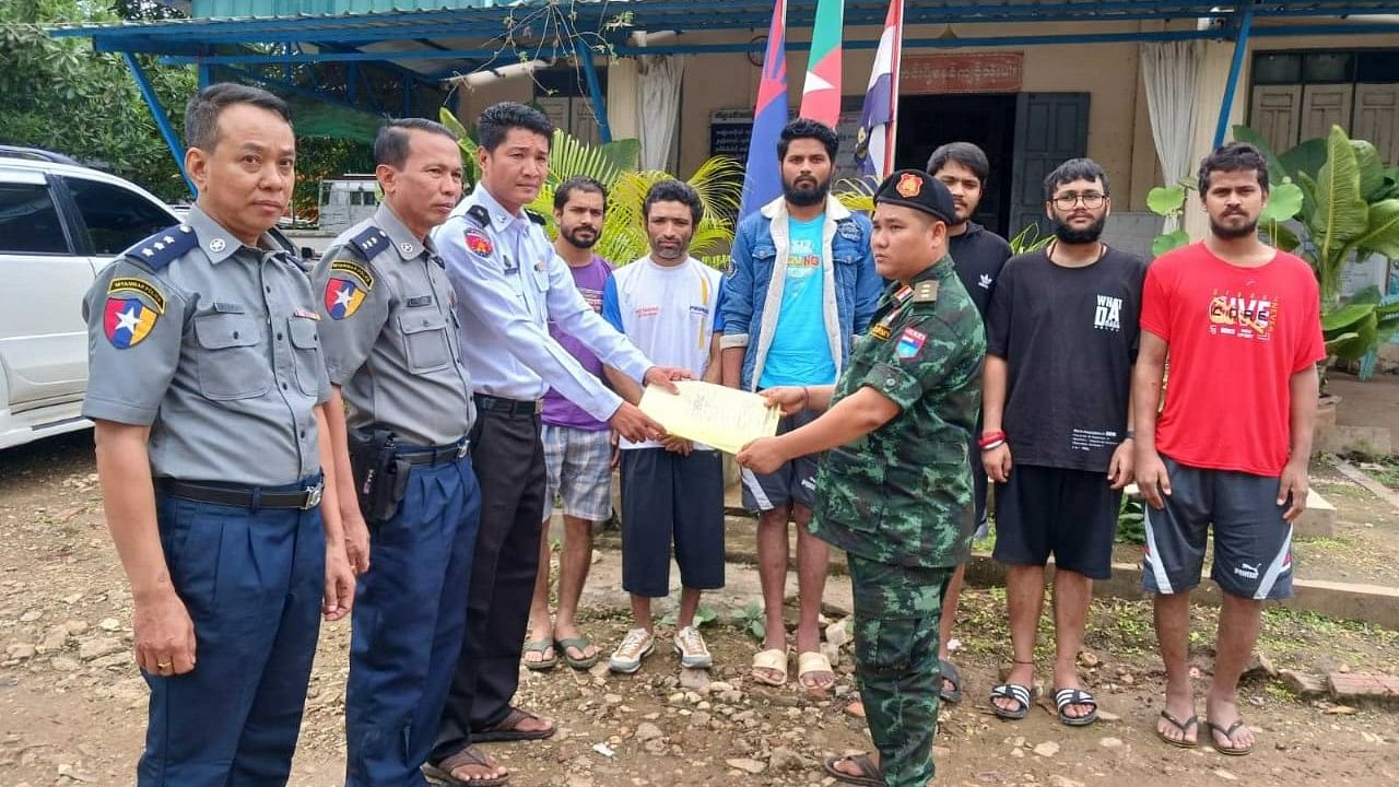 <div class="paragraphs"><p>'8 Indian nationals, victims of a scam centre in Hpa Lu, Myawaddy, were rescued and handed over safely to Myanmar police/immigration yesterday,' the embassy posted on 'X'.</p></div>