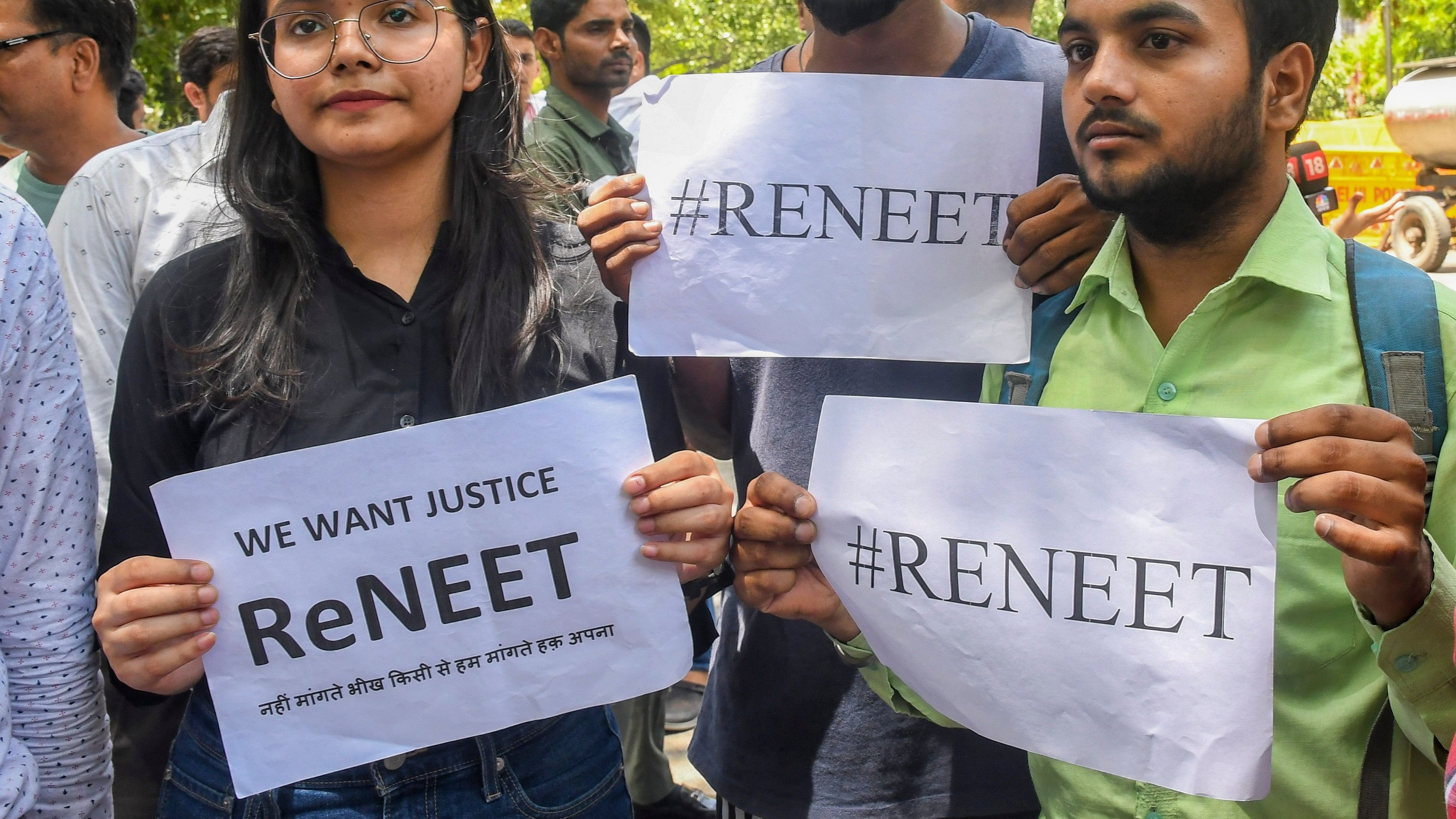 <div class="paragraphs"><p>Students&nbsp;stage a protest demanding re-examination of NEET-UG Entrance Exam 2024 over alleged irregularities in its results.</p></div>