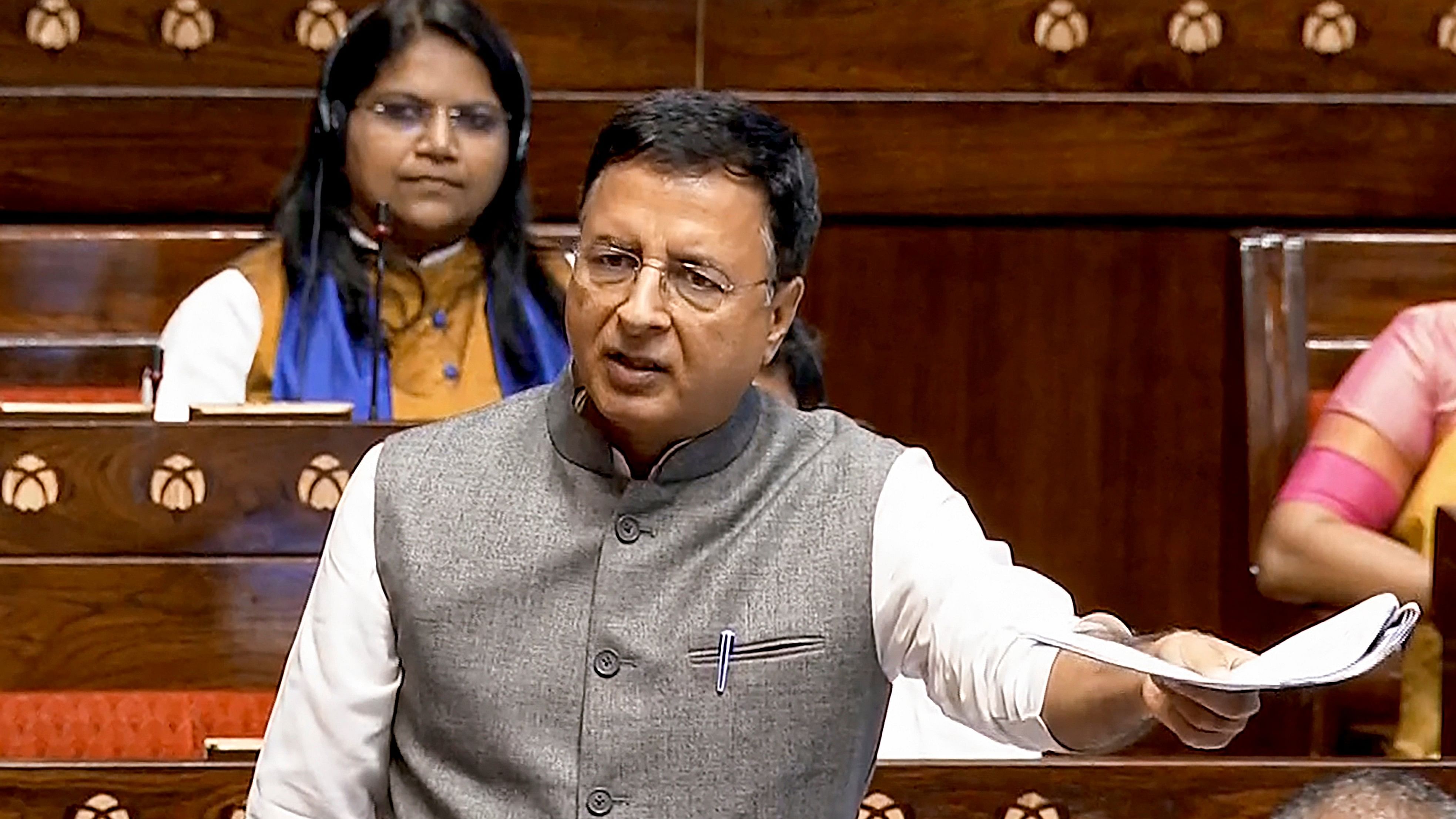 <div class="paragraphs"><p>Congress MP Randeep Singh Surjewala speaks in the Rajya Sabha during the Monsoon session of Parliament, in New Delhi, Thursday.</p></div>