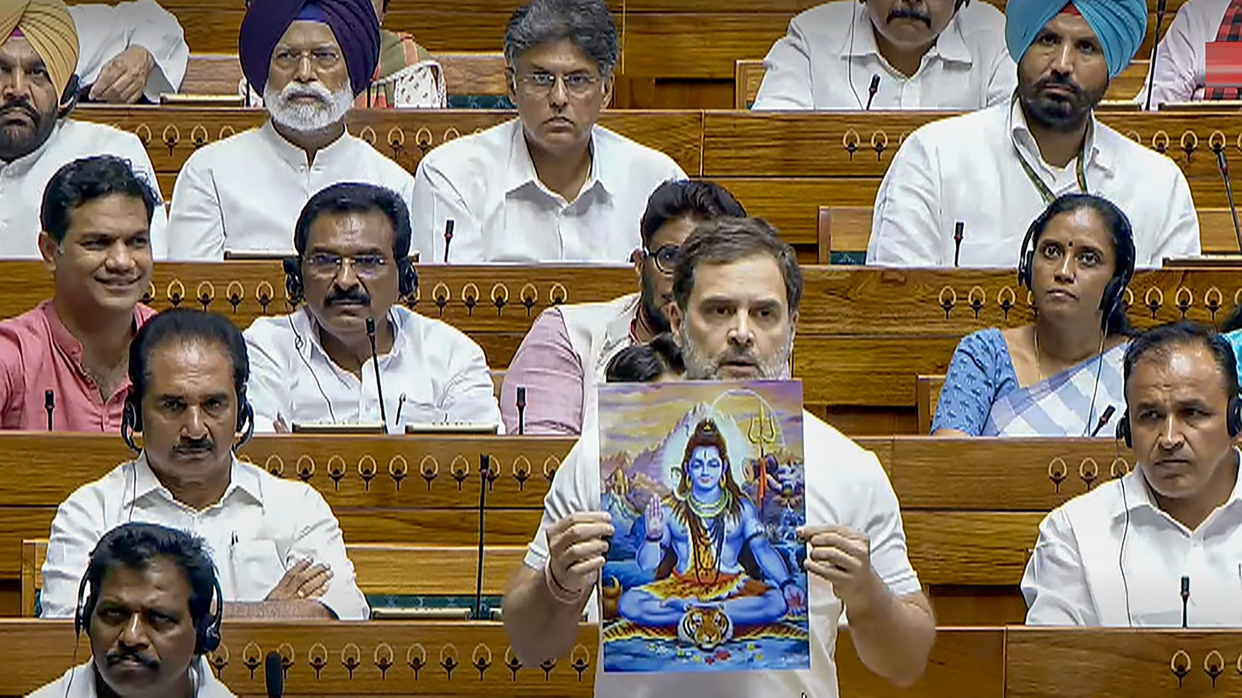 <div class="paragraphs"><p>Congress MP Rahul Gandhi in the Lok Sabha during ongoing Parliament session, in New Delhi, on Monday.</p></div>