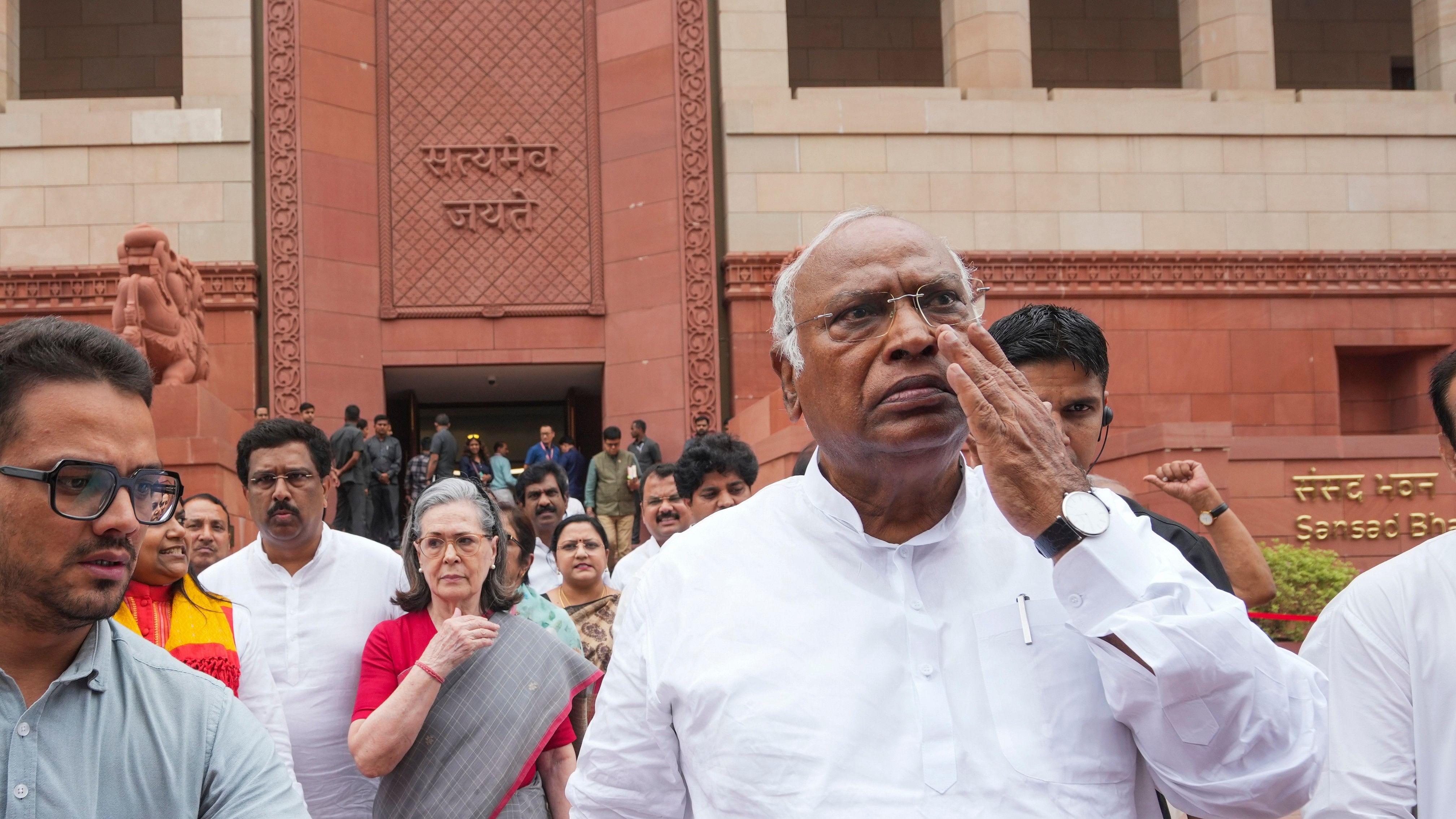 <div class="paragraphs"><p>New Delhi: Leader of Opposition in Rajya Sabha Mallikarjun Kharge with other MPs come out of the House after staging a walkout during ongoing Parliament session, in New Delhi, Wednesday, July 3, 2024. </p></div>