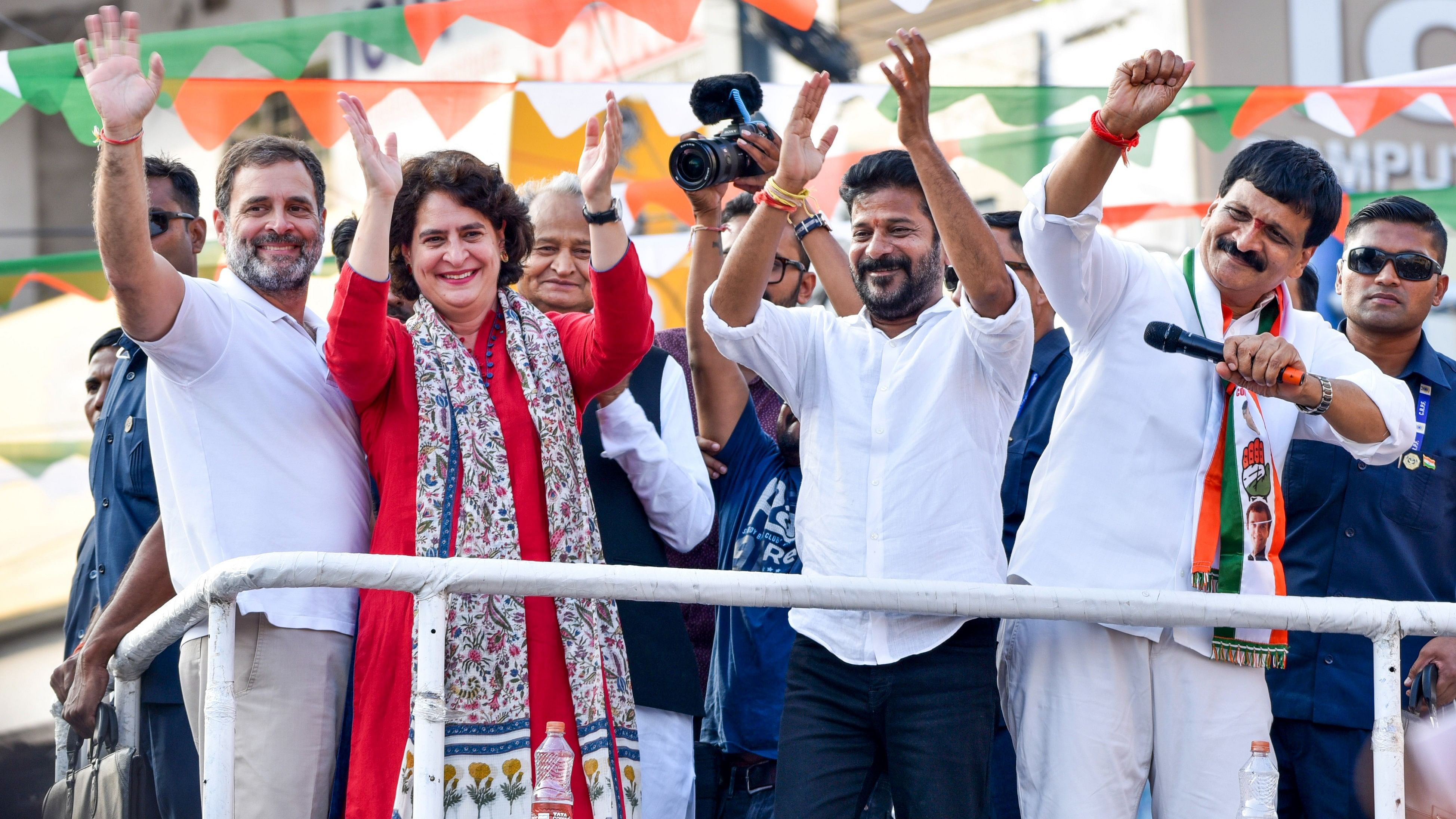 <div class="paragraphs"><p>Congress leader Rahul Gandhi with party's general secretary Priyanka Gandhi, state chief Revanth Reddy</p></div>