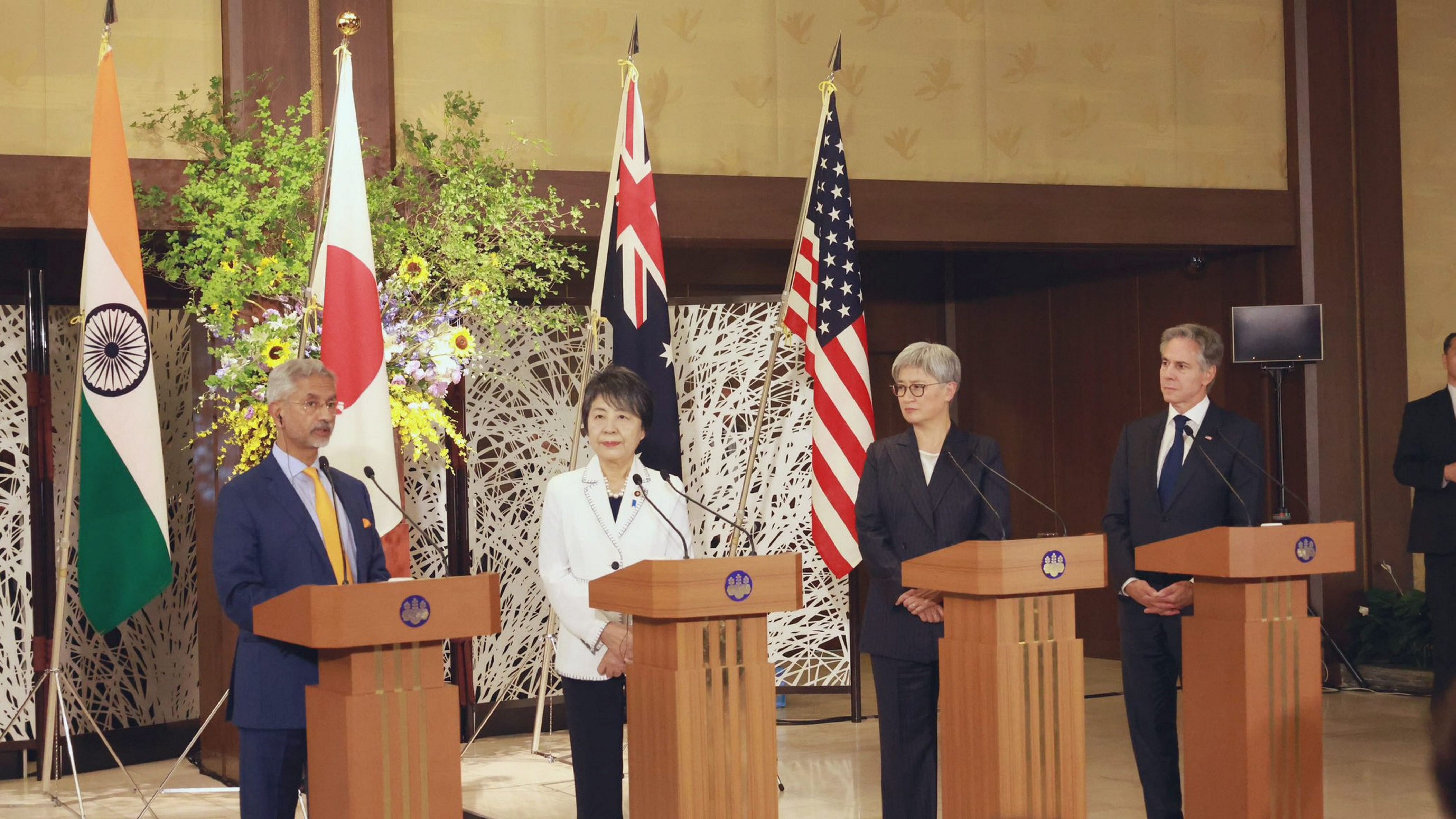 <div class="paragraphs"><p> External Affairs Minister S Jaishankar along with Japan's foreign minister Yoko Kamikawa, Australia's foreign affairs minister Penny Wong and US secretary of state, Antony Blinken, addressing the press after the Quad Foreign Ministers Meeting in Tokyo. </p></div>