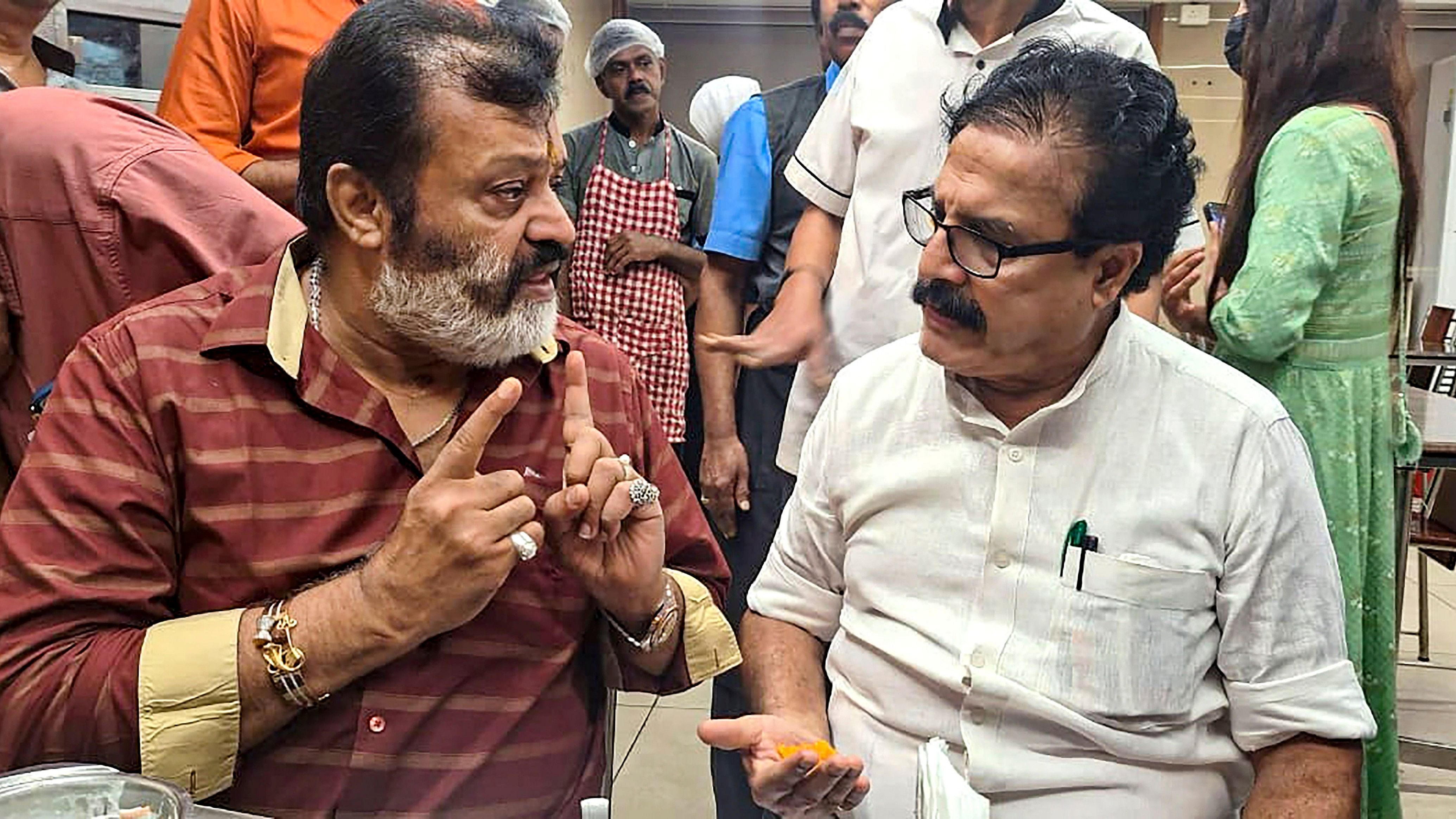 <div class="paragraphs"><p>Thrissur: BJP MP Suresh Gopi and Thrissur Mayor MK Varghese during a meeting at a hotel, in Thrissur, Thursday, June 6, 2024. </p></div>