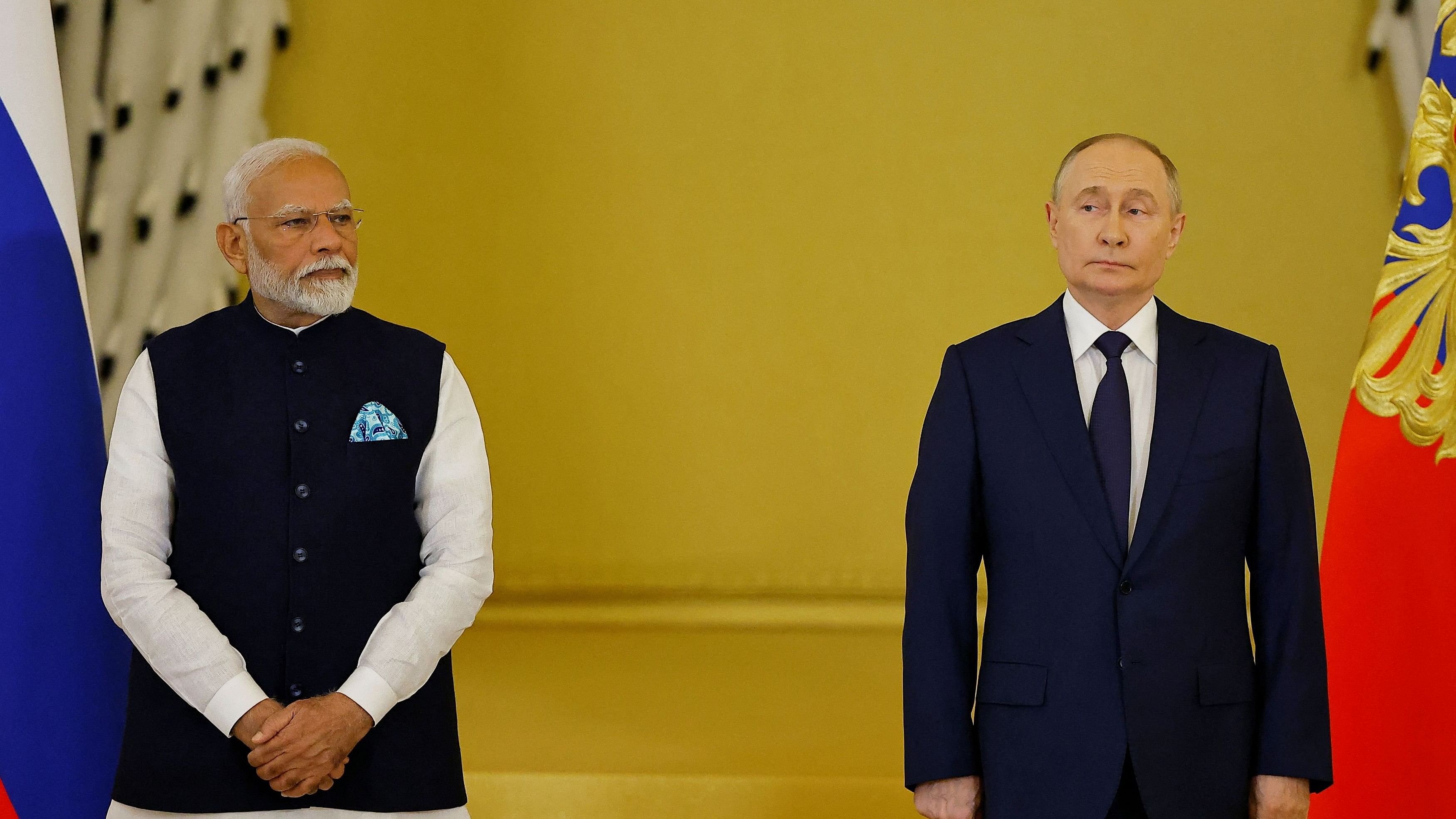 <div class="paragraphs"><p>Russia's President Vladimir Putin and India's Prime Minister Narendra Modi attend an awarding ceremony at the Kremlin in Moscow, Russia July 9, 2024. </p></div>