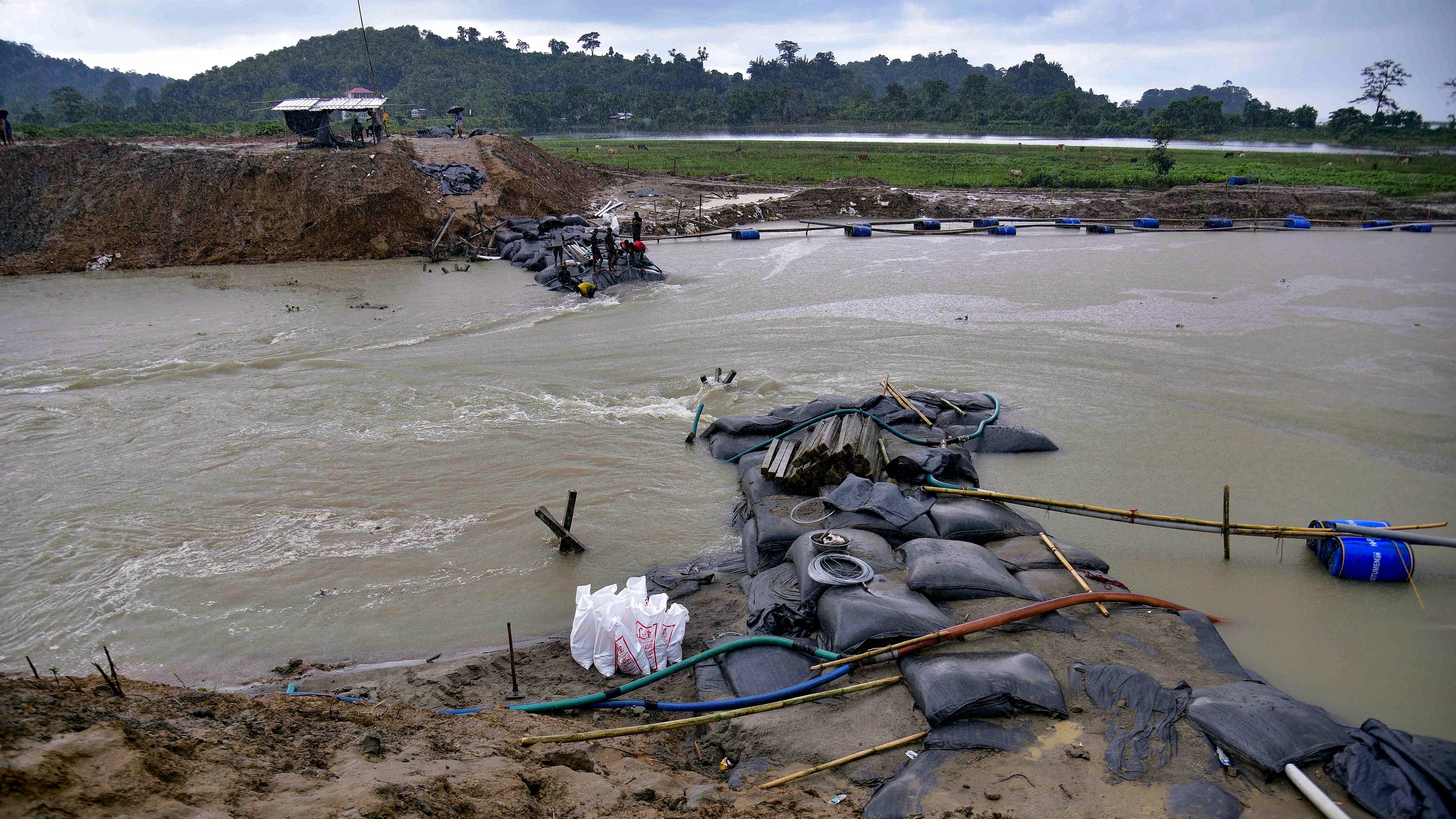 <div class="paragraphs"><p>Workers use geo-bags to restore an embankment that was damaged by flood water, at Hatimura in Nagaon district, Friday, July 12, 2024.</p></div>