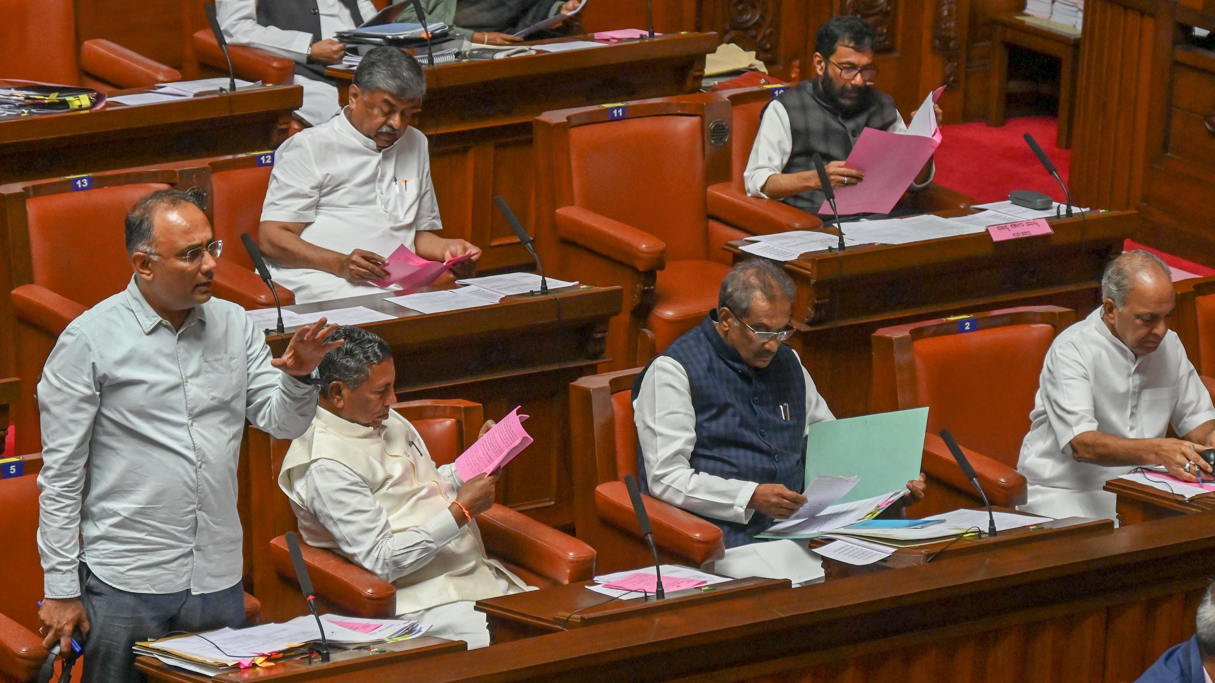 <div class="paragraphs"><p>Dinesh Gundu Rao Health and Family Welfare Minister answering at Legislative Council, Vidhana Soudha in Bengaluru on Monday, 22nd July 2024. K H Muniyappa, Food and Civil Supplies Minister, K J George Energy Minister, N S Boseraju, Minor Irrigation Ministerseen. </p></div>