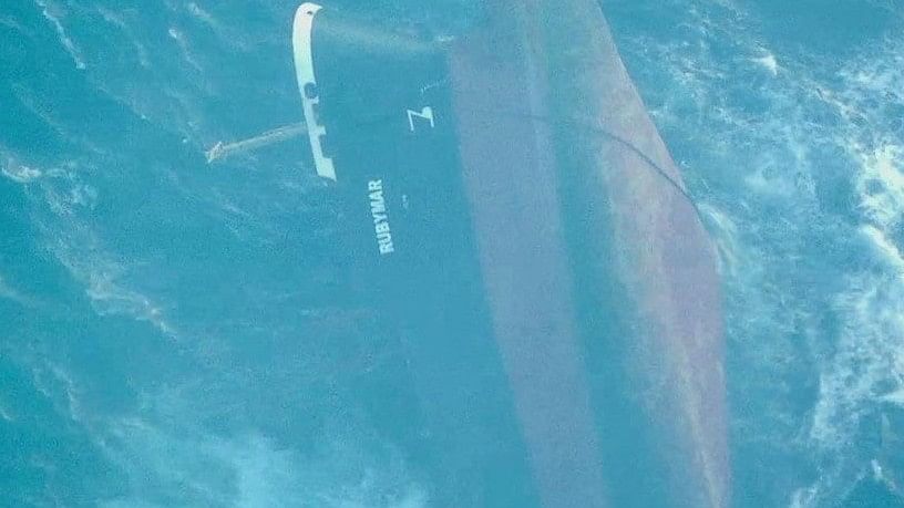 <div class="paragraphs"><p>The UK-owned vessel Rubymar, which had sunk in the Red Sea after being struck by an anti-ship ballistic missile fired by Yemeni Houthi militants, is seen in this aerial view released on March 3, 2024. </p></div>