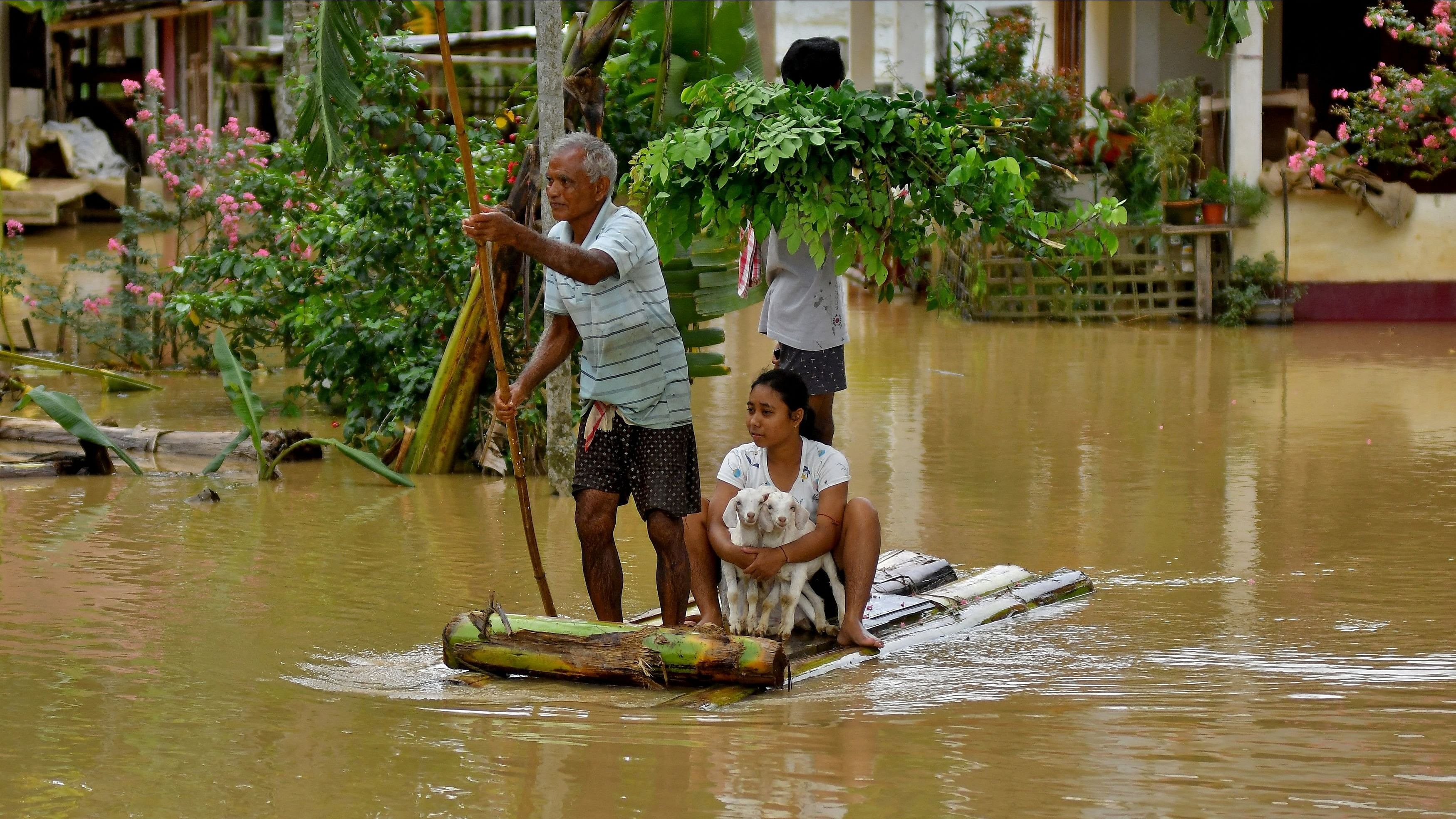 <div class="paragraphs"><p>Flood-affected people use a makeshift raft to shift their lamb to a safer place following heavy rains at the Patiapam village in Nagaon district, in Assam.</p></div>