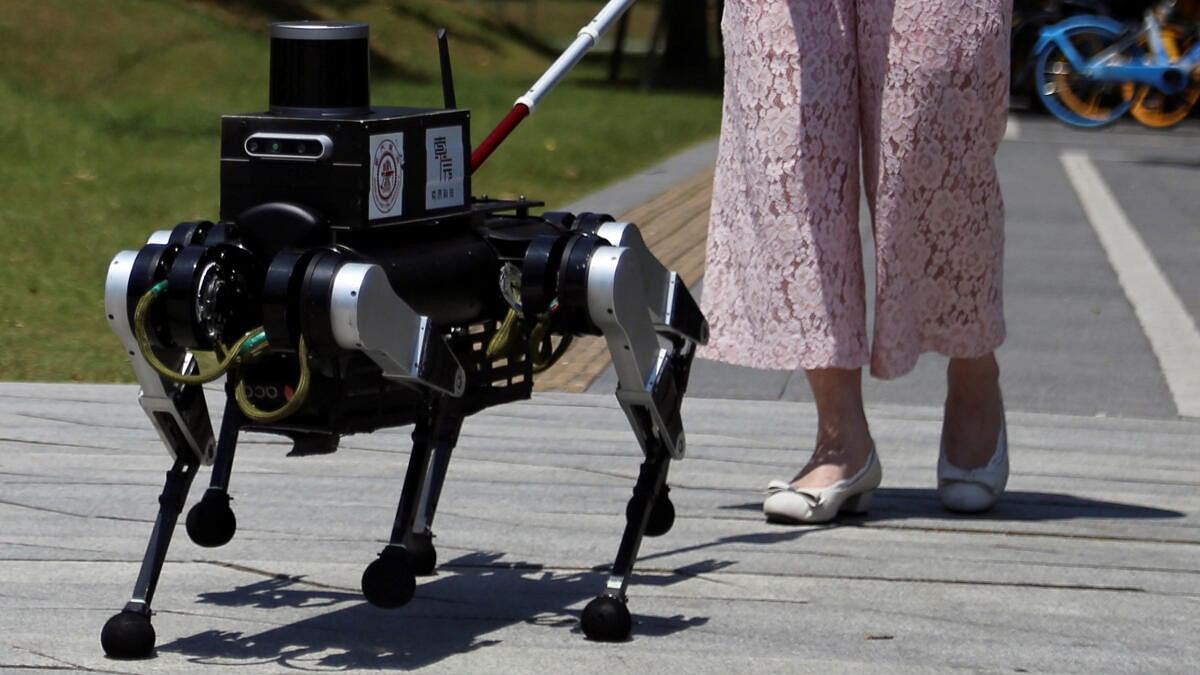 <div class="paragraphs"><p>A visually impaired person walks with a six-legged robot "guide dog" during a demonstration of a field test for a Shanghai Jiao Tong University test team, in Shanghai, China.</p></div>