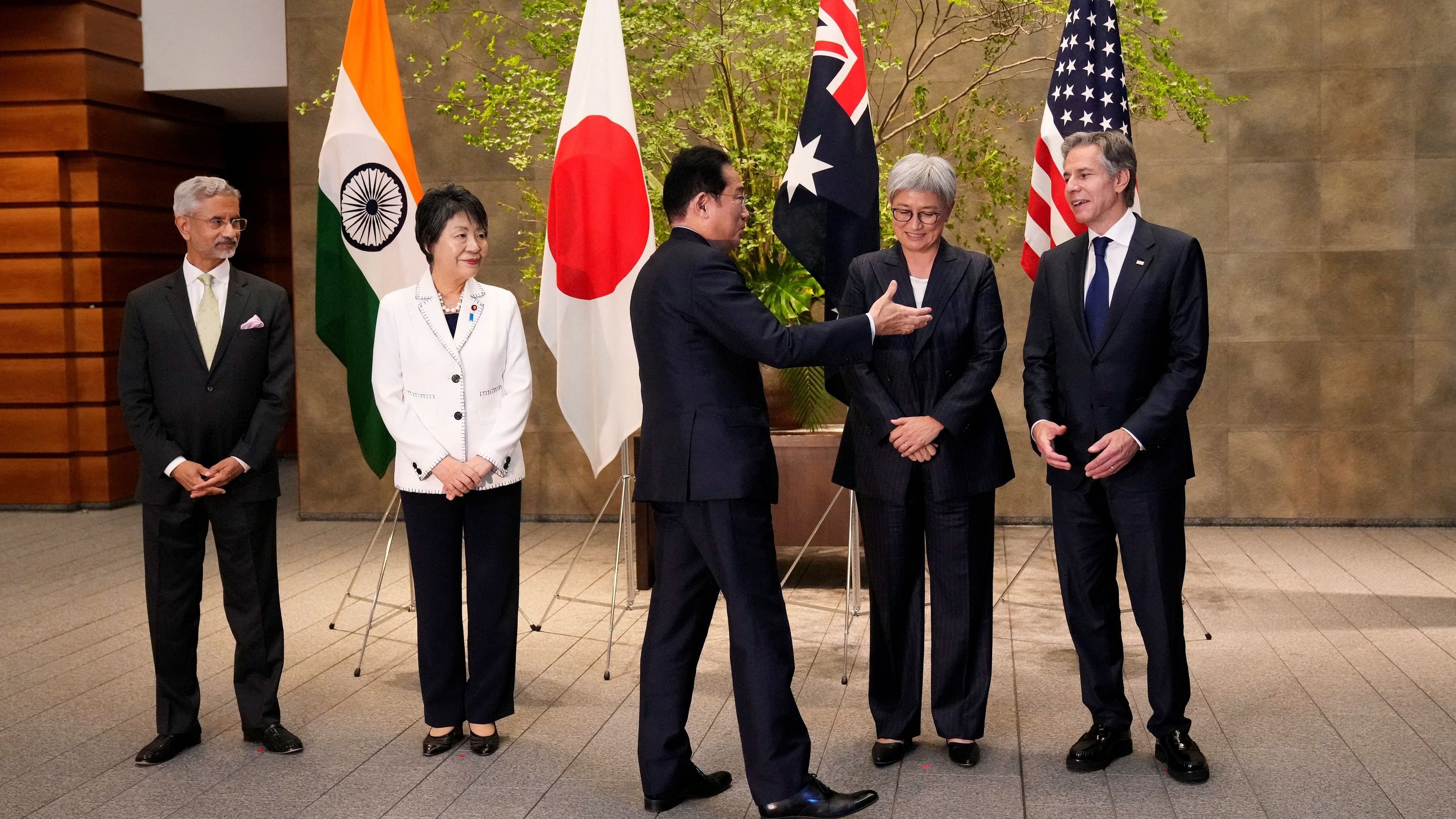 <div class="paragraphs"><p>Japanese Prime Minister Fumio Kishida greets US Secretary of State Antony Blinken as he meets with Indian Foreign Minister Subrahmanyam Jaishankar, Japanese Foreign Minister Yoko Kamikawa and US Secretary of State Antony Blinken at the Prime Minister's office after the four ministers participated in their Quad meeting in Tokyo, Japan.</p></div>