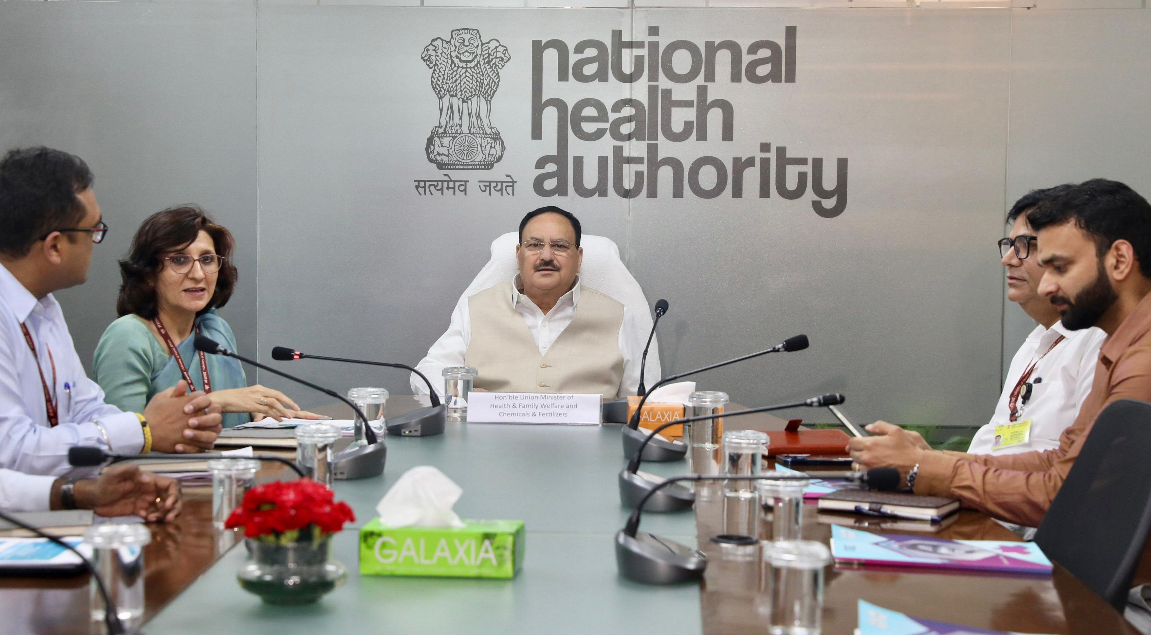 <div class="paragraphs"><p> Union Health Minister J P Nadda chairs a meeting to review the Ayushman Bharat Pradhan Mantri Jan Arogya Yojana (PMJAY) and Ayushman Bharat Digital Mission (ABDM) with senior officials of the National Health Authority (NHA), in New Delhi.</p></div>