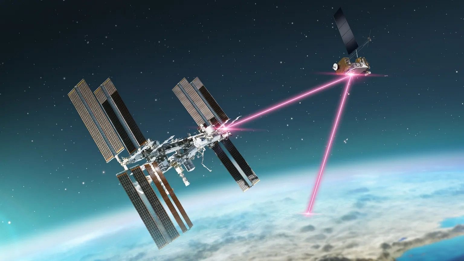 <div class="paragraphs"><p>A graphic representation of a laser communications relay between the International Space Station, the Laser Communications Relay Demonstration spacecraft, and the Earth.</p></div>