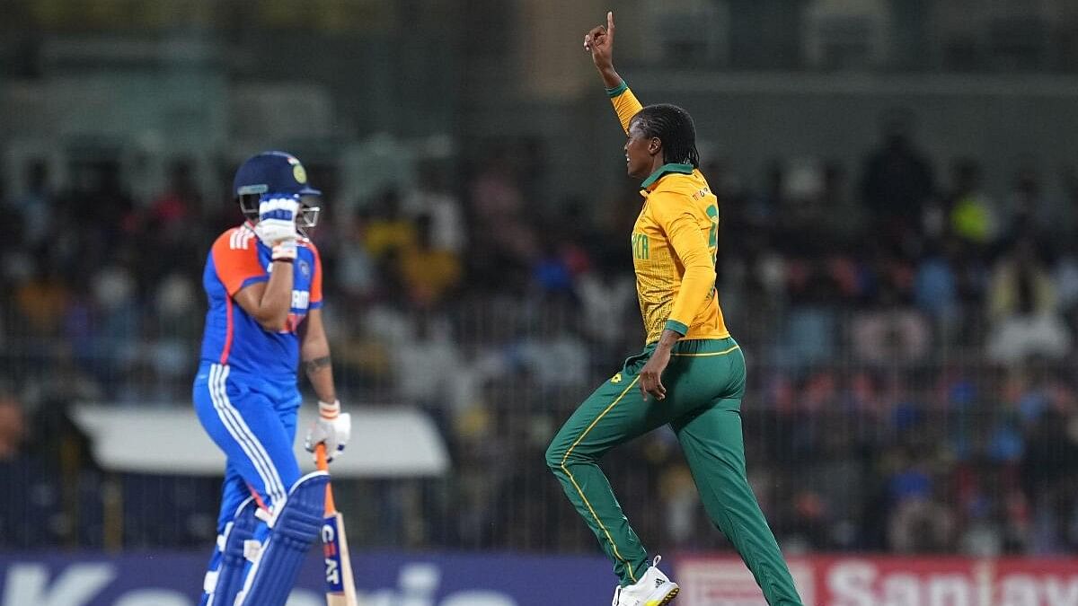 <div class="paragraphs"><p>South Africa Women’s Ayabonga Khaka celebrates the wicket of India Women’s Shafali Verma during the first T20 cricket match of a series between India Women and South Africa Women, at the MA Chidambaram Stadium, in Chennai, Friday, July 5, 2024.</p></div>