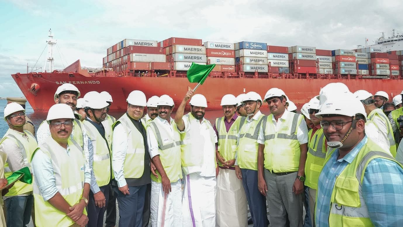 <div class="paragraphs"><p>First mothership, San Fernando of Maersk shipping company, reached Vizhinjam International Seaport on Thursday. Kerala ports minister V N Vasavan and ports officials received the ship. Formal reception to be given on Friday. The ship with around 2,000 containers arrived from Xiamen port in China </p></div>