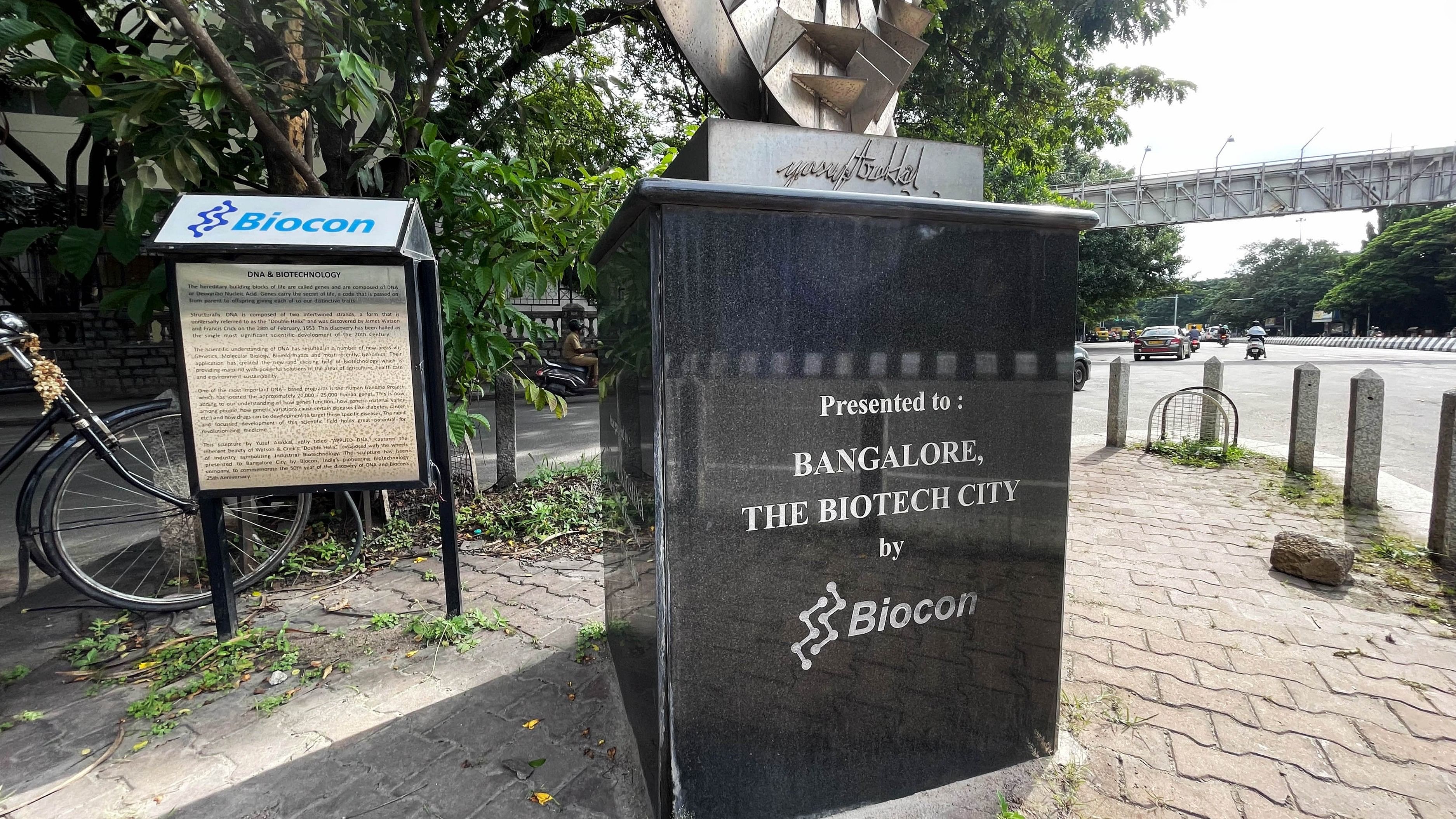 <div class="paragraphs"><p>The installation, bearing the Biocon name and logo, located on MG Road near The Bible Society of India, Anil Kumble Circle, was scrubbed clean of the black paint.&nbsp;DH PHOTO/PUSHKAR V</p></div>