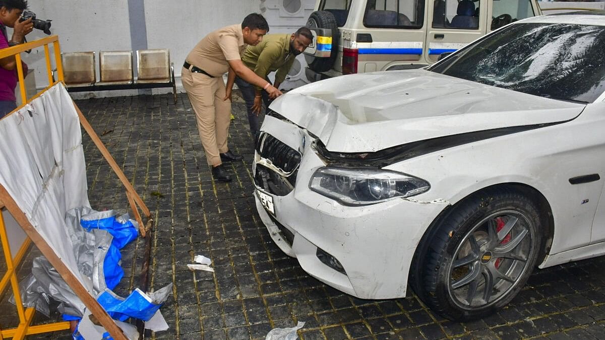 <div class="paragraphs"><p>The damaged BMW car that was involved in an accident, parked on the premises of Worli police station, in Mumbai.</p></div>