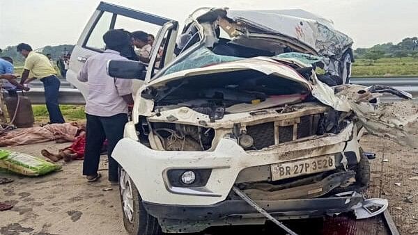 <div class="paragraphs"><p>A damaged Scorpio car after its collision with a truck on the national highway in Bakhtiyarpur near Patna.</p></div>