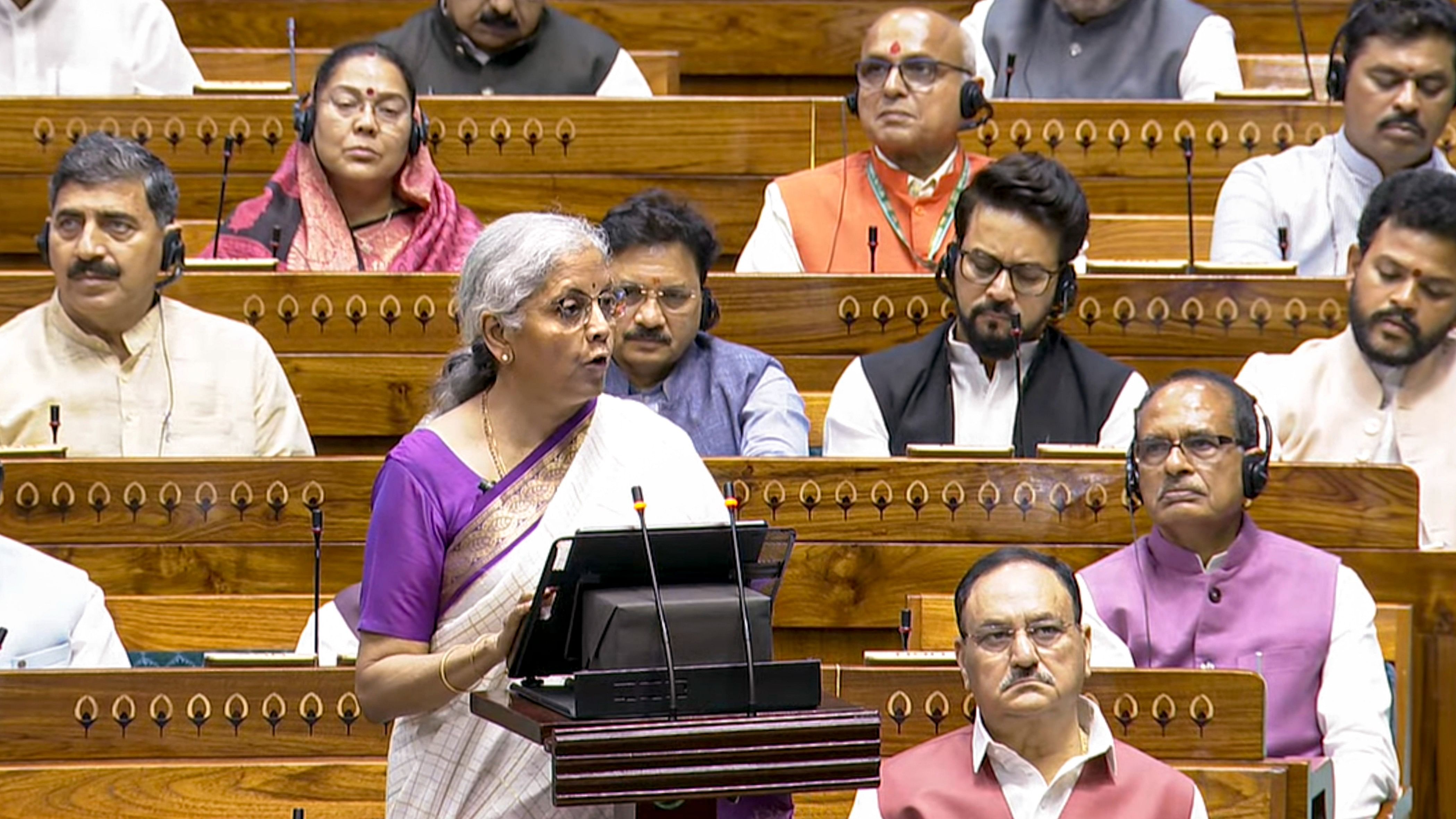 <div class="paragraphs"><p>Union Finance Minister Nirmala Sitharaman presents the Union Budget 2024-25 in Lok Sabha, in New Delhi, Tuesday.</p></div>