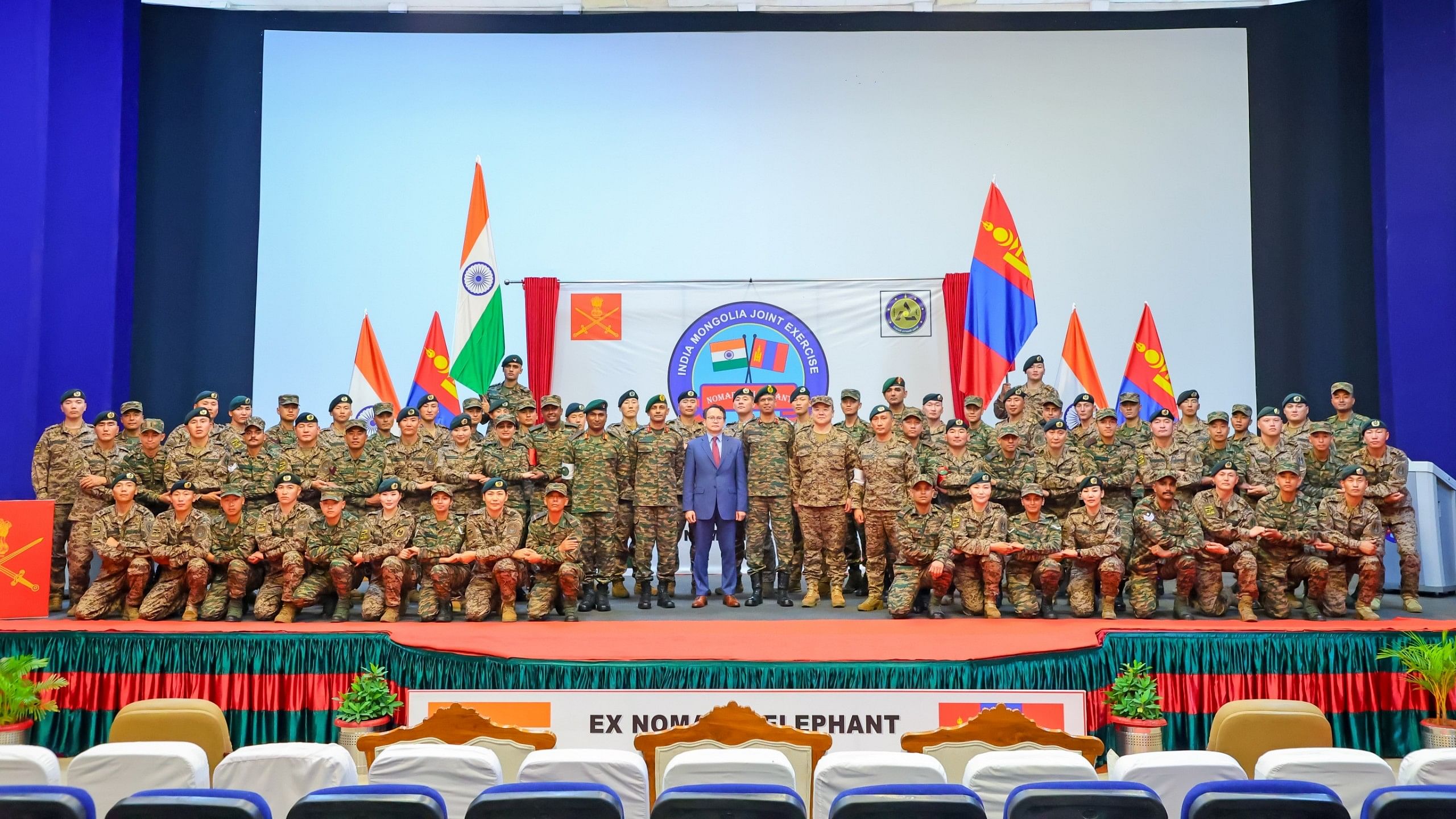 <div class="paragraphs"><p>Indian Army personnel and their Mongolian counterparts pose during the opening ceremony of the 16th edition of 'Nomadic Elephant', a joint military exercise between the two countries.</p></div>