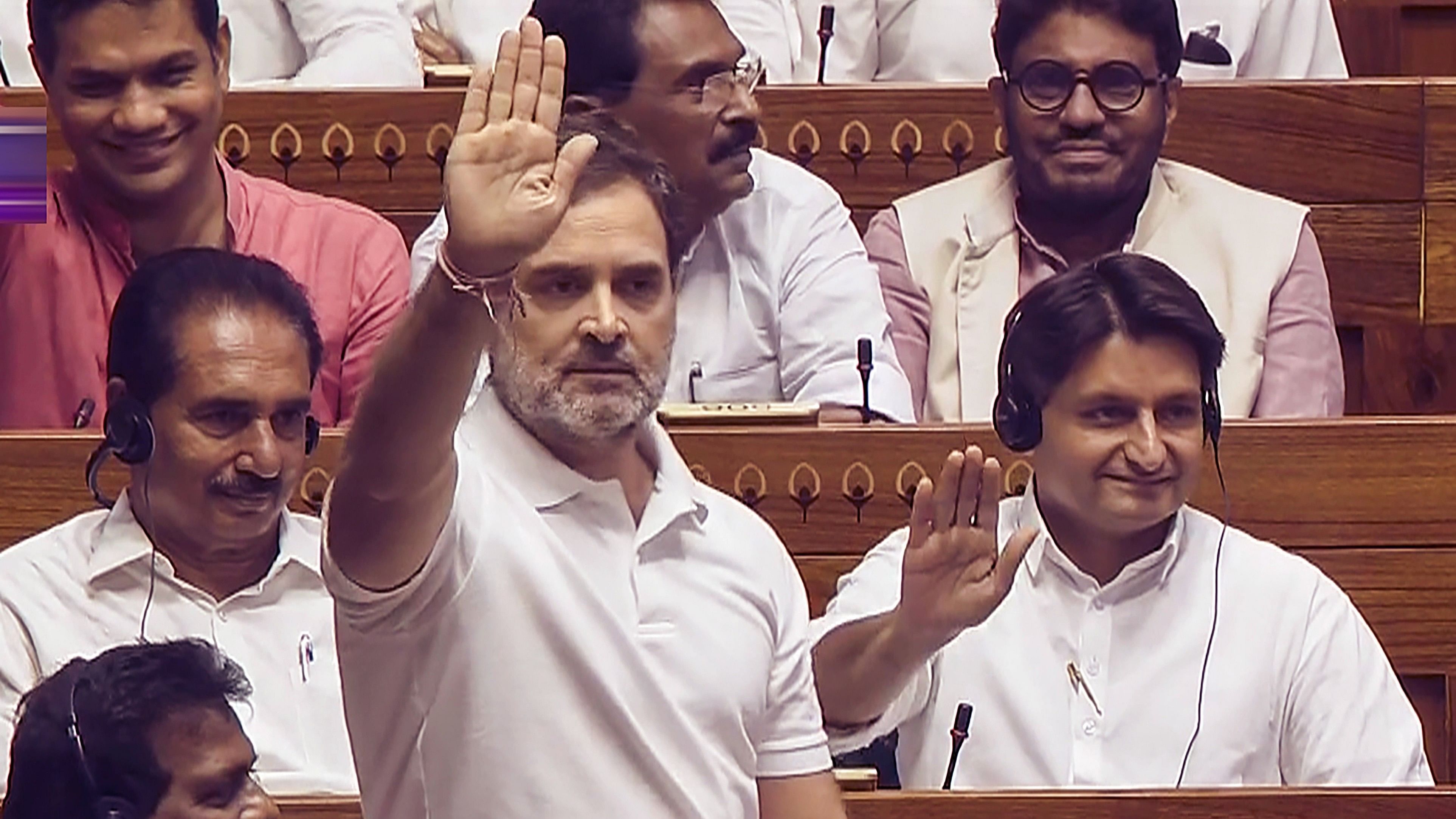 <div class="paragraphs"><p>Lok Sabha LoP Rahul Gandhi speaks in the House during ongoing Parliament session, in New Delhi, on Monday.</p></div>