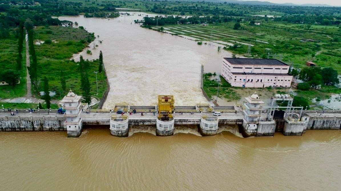 <div class="paragraphs"><p>A panoramic view of water being released from Kabini dam&nbsp;in HD Kote taluk of Mysuru district on Sunday. Water in the reservoir reached its maximum level on Saturday. </p></div>