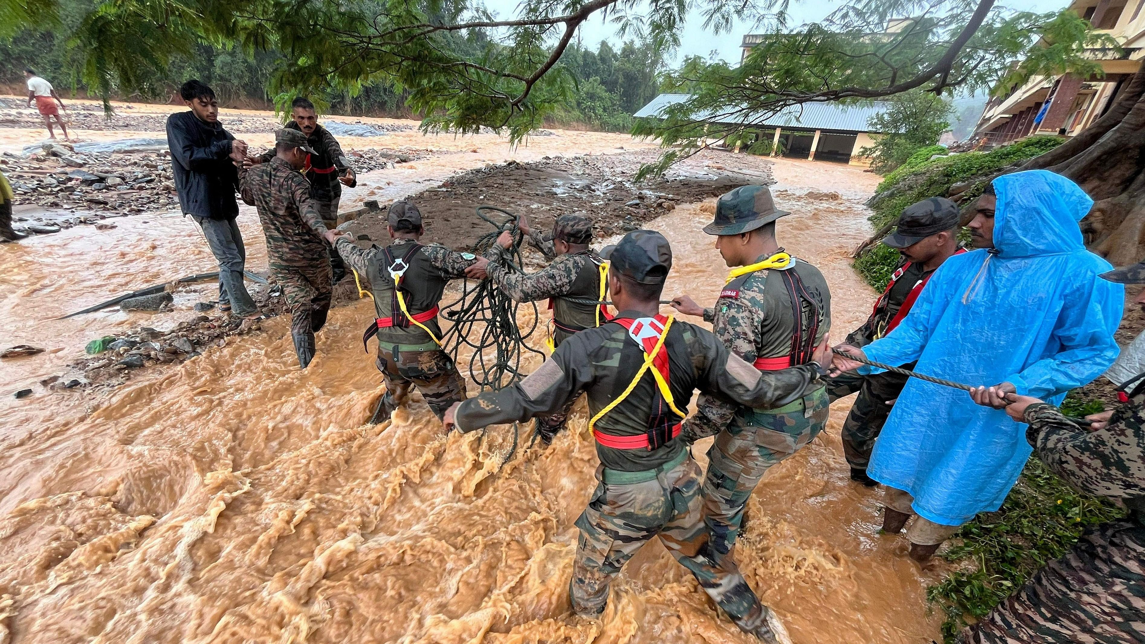 <div class="paragraphs"><p>Rescue operation underway following landslides triggered by heavy rain in the hilly areas of Wayanad district, Kerala, Tuesday, July 30, 2024.  </p></div>