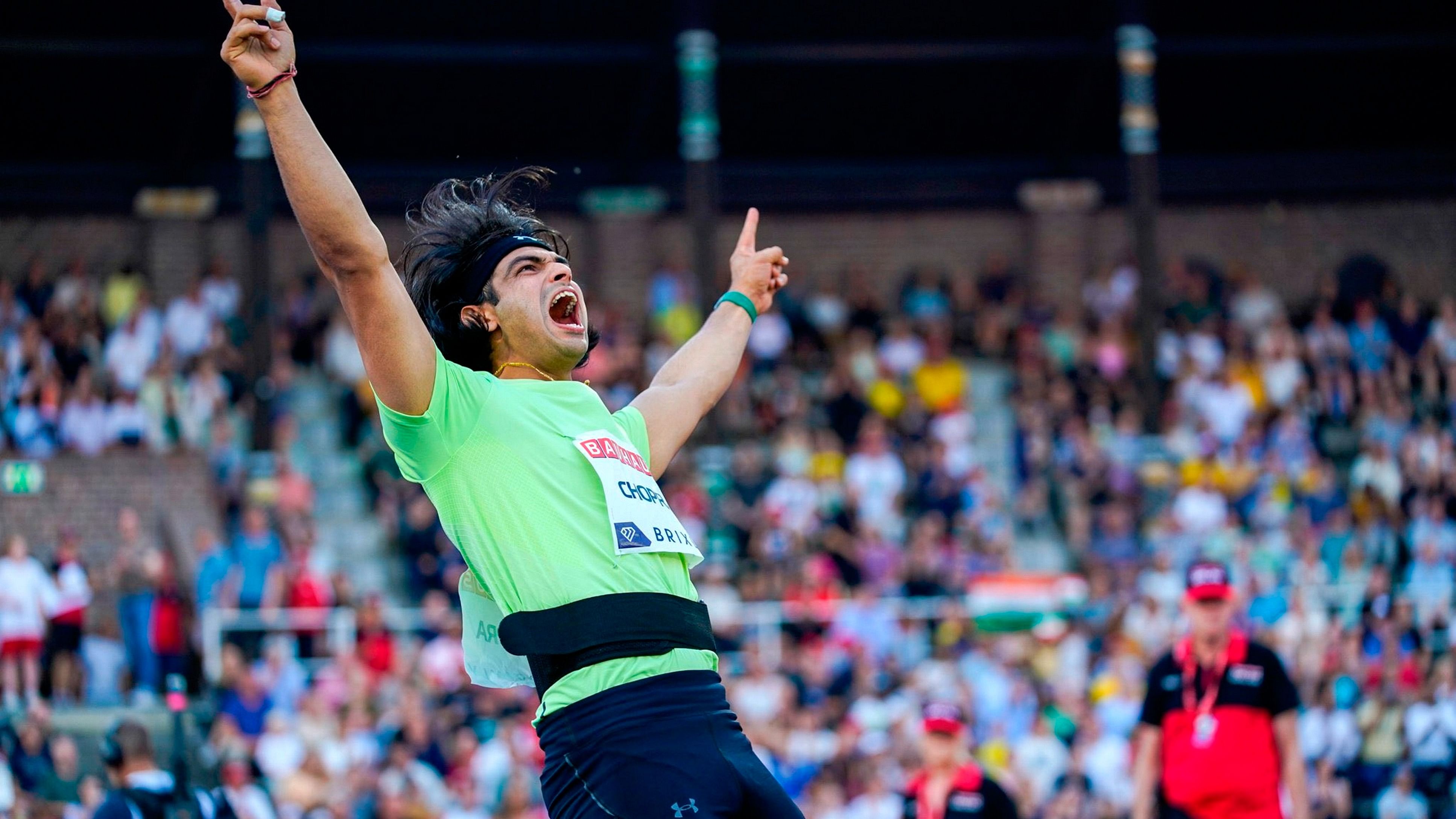 <div class="paragraphs"><p>Neeraj Chopra celebrates his second-place finish at the Stockholm Diamond League</p></div>