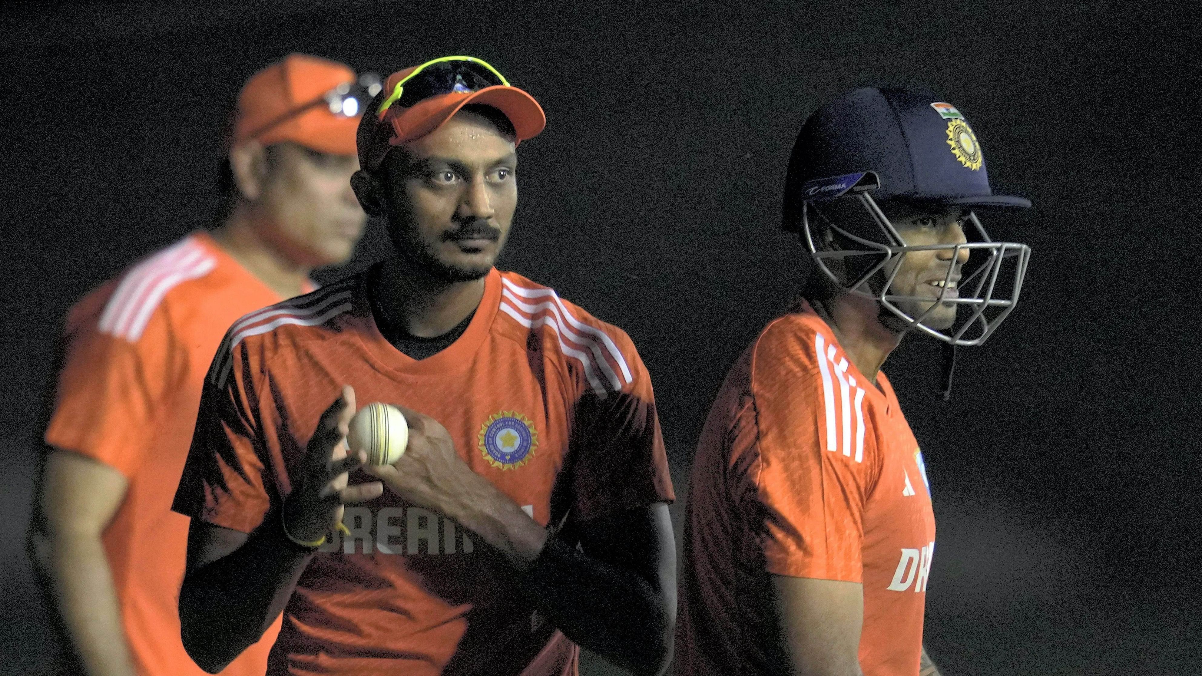 <div class="paragraphs"><p>Suryakumar Yadav and Axar Patel during a practice session.</p></div>