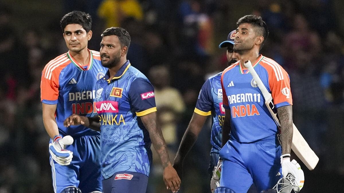 <div class="paragraphs"><p>Indian players after winning the 3rd T20 International cricket match over Sri Lanka at the Pallekele International Cricket Stadium, in Pallekele, Tuesday, July 30, 2024.</p></div>