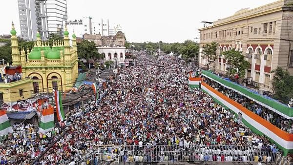 <div class="paragraphs"><p>TMC supporters during the party's Martyrs' Day rally in Kolkata on Sunday, July 21, 2024.</p></div>