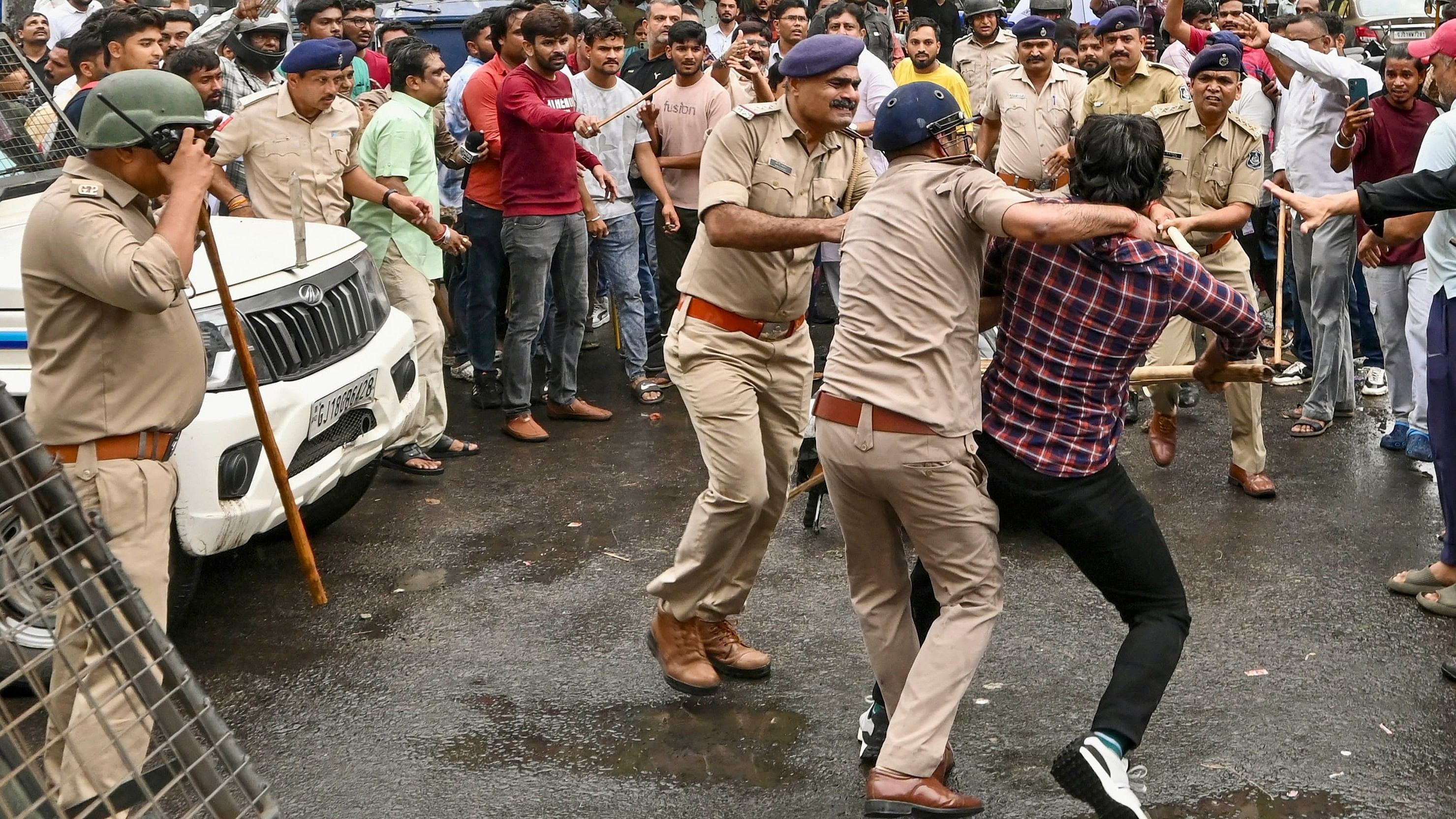 <div class="paragraphs"><p>Earlier in the day, similar clashes had broken out between BJP and Congress workers during a protest against Rahul Gandhi's remark outside the Congress office in Ahmedabad, Tuesday, July 2, 2024. </p></div>