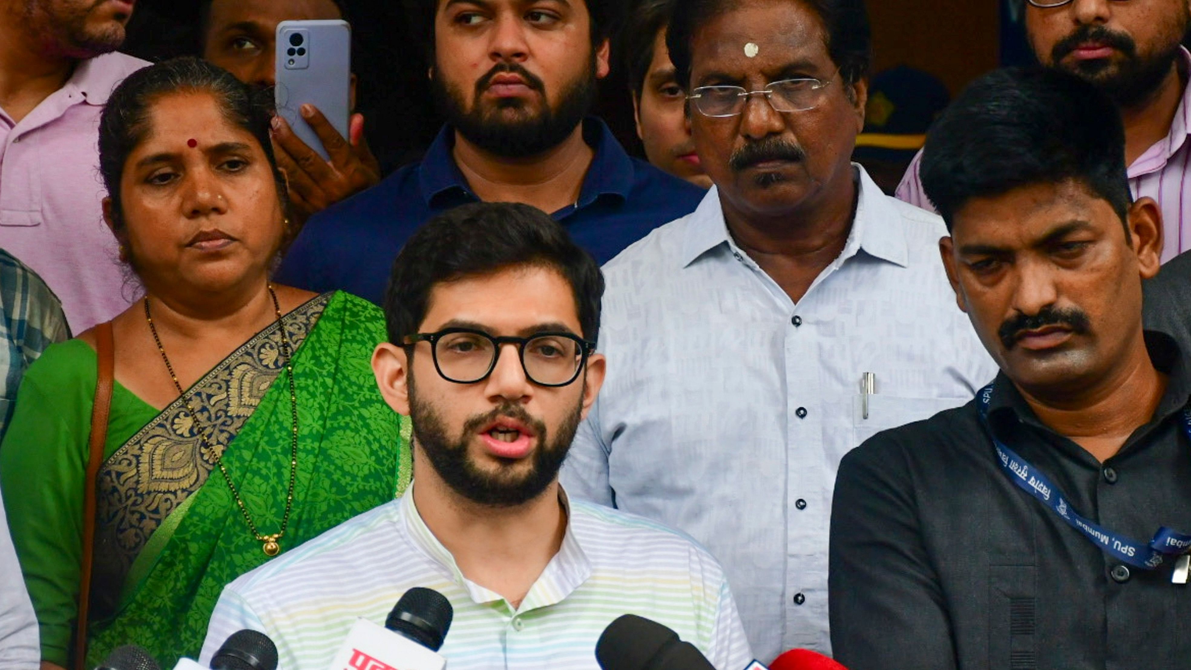 <div class="paragraphs"><p>Shiv Sena (UBT) leader Aaditya Thackeray speaks with the media regarding a hit-and-run case involing a BMW car, at Worli police station, in Mumbai, Sunday.&nbsp;</p></div>