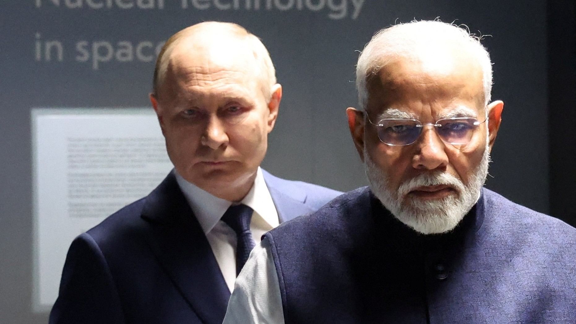 <div class="paragraphs"><p>Russia's President Vladimir Putin and India's Prime Minister Narendra Modi visit the Atom pavilion at the Exhibition of Achievements of National Economy  in Moscow, Russia July 9, 2024.  </p></div>