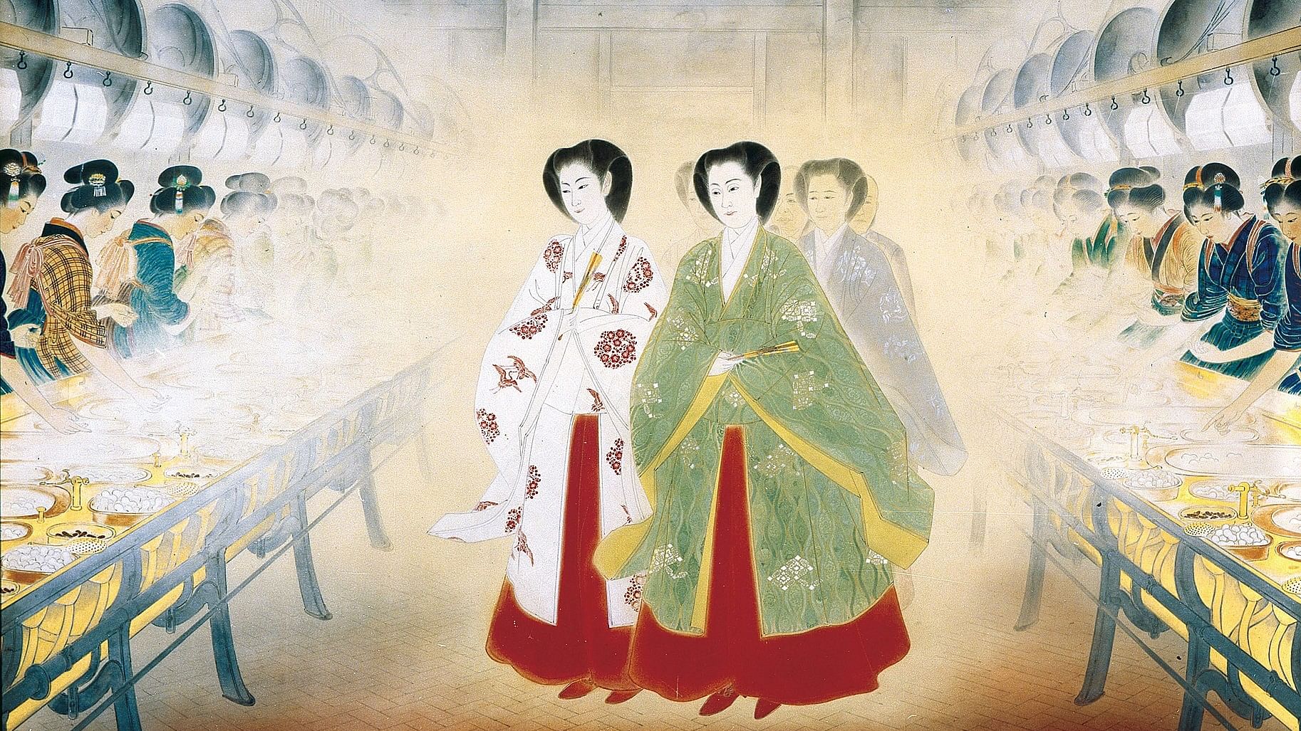 <div class="paragraphs"><p>A cropped frame of 'The Empress at a Silk Factory' by Arai Kamp (1933).  </p></div>