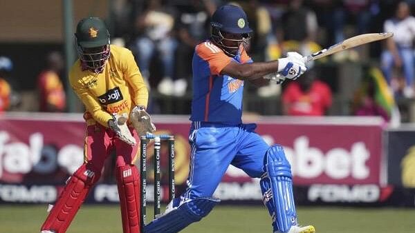 <div class="paragraphs"><p>Indian batsman Sanju Samson in action during the T20 cricket match between Zimbabwe and India at the Harare Sports club, in Harare, Sunday, July 14, 2024.</p></div>