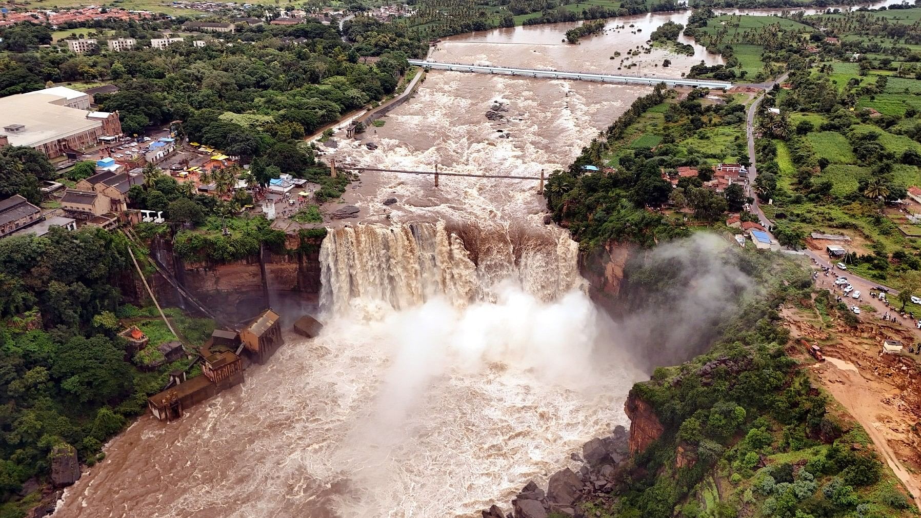 A drone-camera view of River Ghataprabha cascading at Gokak Falls in Belagavi district. 